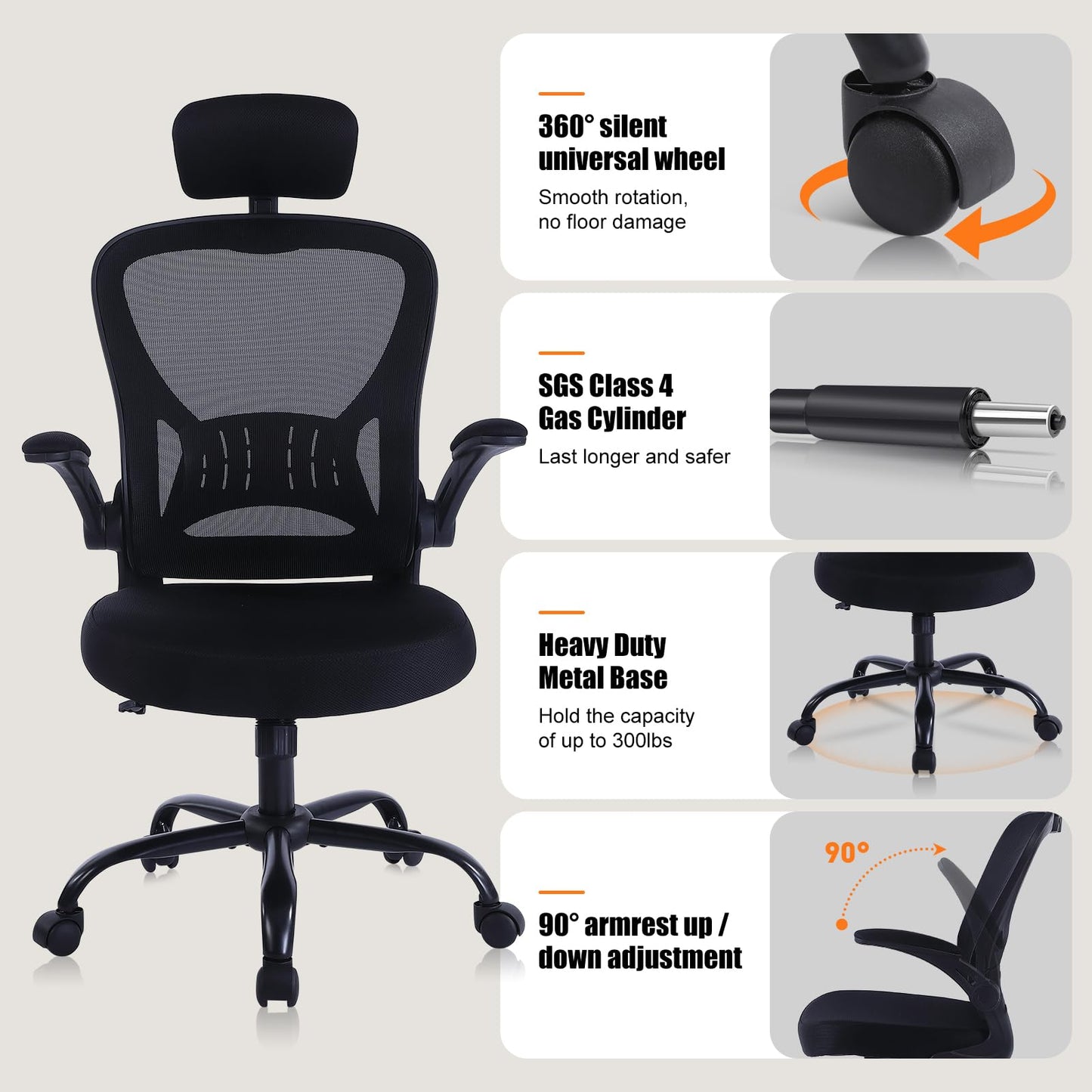 ralex-chair Ergonomic Office Chair with Adjustable Headrest & Lumbar Support, Computer Desk Chair with Flip-Up Armrests, Comfortable for Home, Office, Conference Room