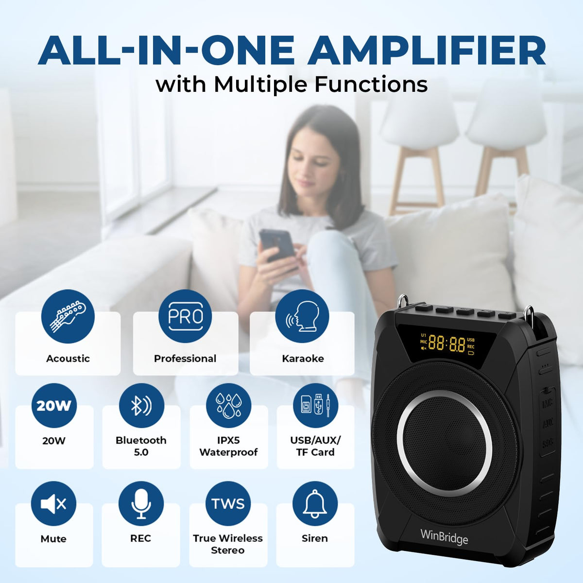 Voice Amplifier Wireless Microphone, 20W Portable PA System with Bluetooth & Headset Mic, Waterproof Portable Microphone and Speaker, Megaphone for Teachers, Classroom, Outdoor Events - M801
