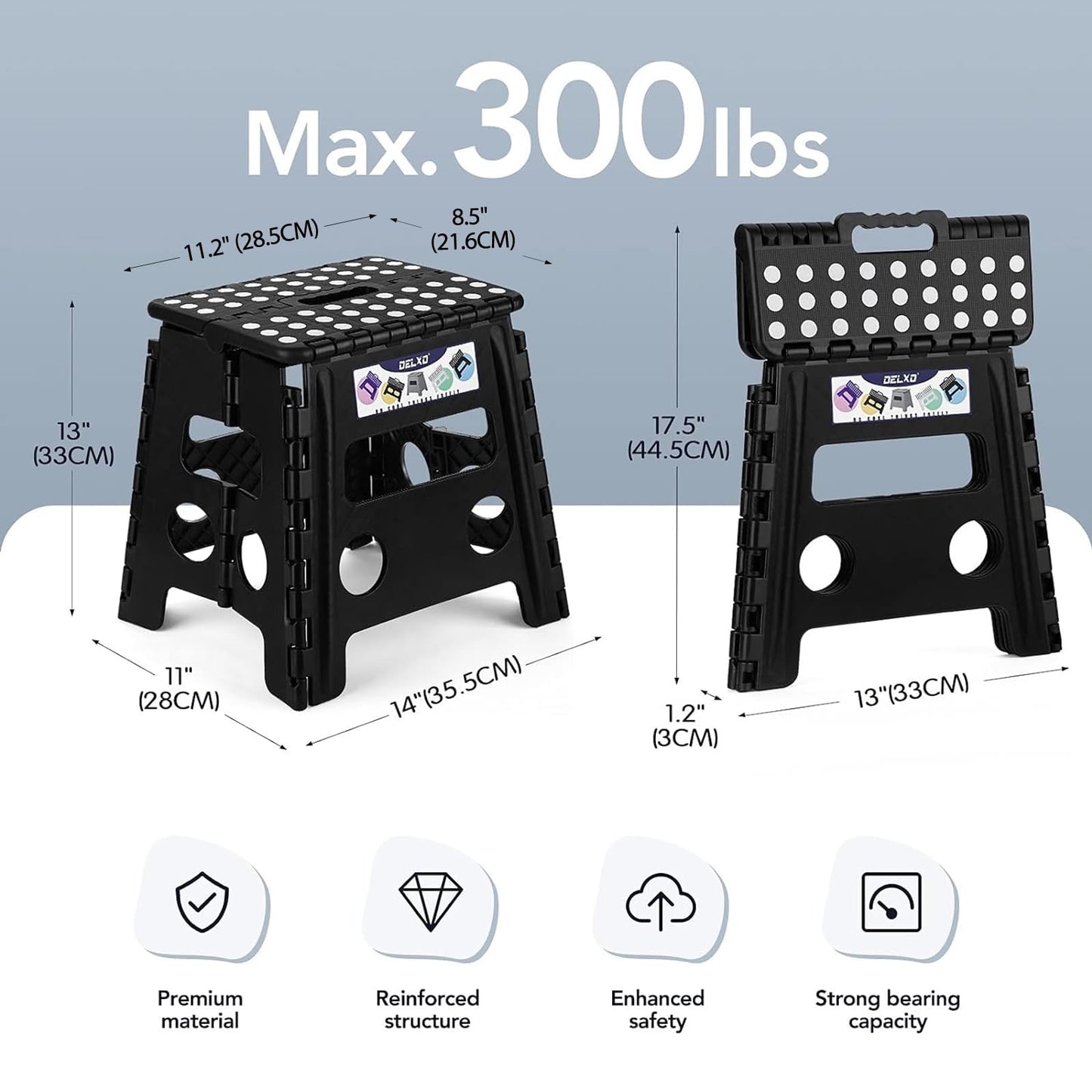 Delxo Folding Step Stool, 13 inch Non-Slip Foldable Stools Up to 300 LBS, Step Stool with Handle, Lightweight for Kitchen, Bathroom, Bedroom, Garden, Black, 1PC