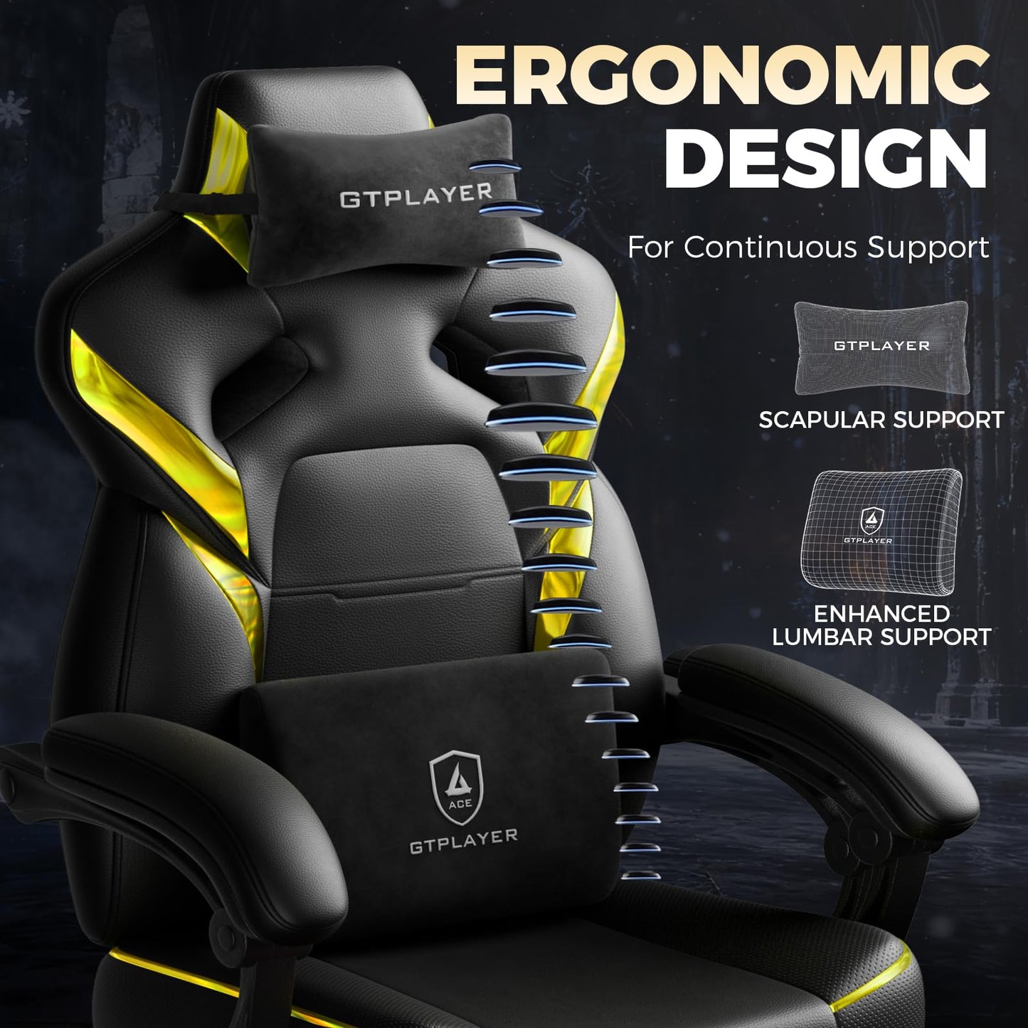GTPLAYER Big and Tall Gaming Chair for Adults, Ergonomic Office Chair with Footrest, Heavy Duty 350 lbs Capacity, High Back, Premium Leather & Iridescent Trim, ACE-Armor, Black & Yellow