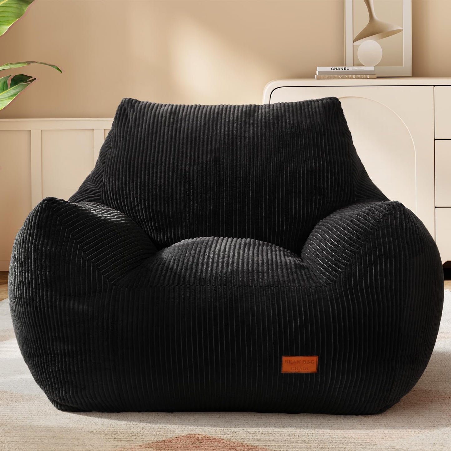 Vellorise Big Bean Bag Chair for Adults, Ultra Soft Living Room Bean Bag with Armrests, Stuffed BeanBag Chair for Napping, Gaming, Vacuum-Compressed for Easy Gifting, 48 Hours to Fluffs Up, Black