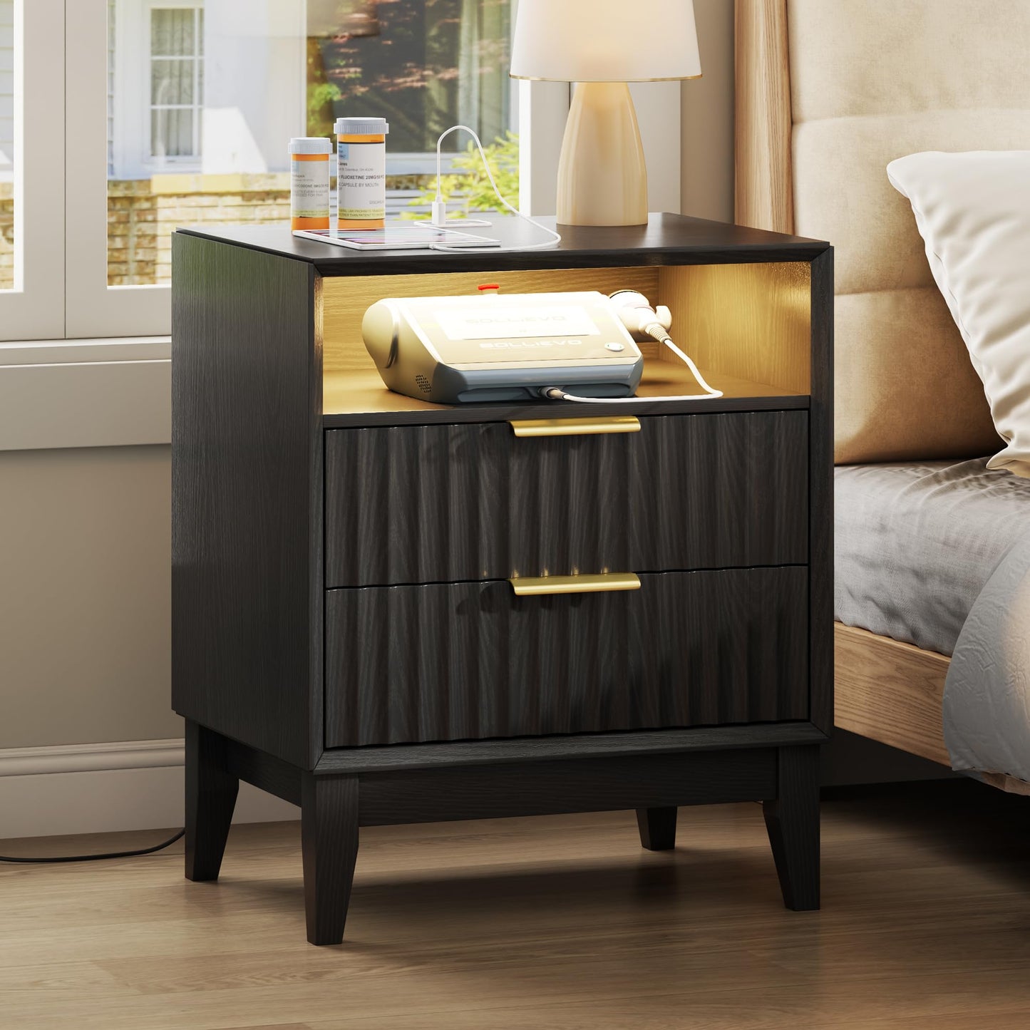 LVSOMT 20'W Fluted Nightstand with Charging Station, LED Night Stand with RFID Lock Hidden Drawer, Mid Century Modern Bedside Table for Bedroom, 2 Drawers and Open Storage Cubby, Black
