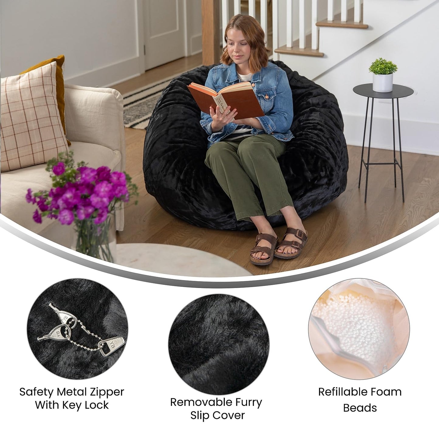 Flash Furniture Duncan Oversized Black Furry Bean Bag Chair for Kids and Adults