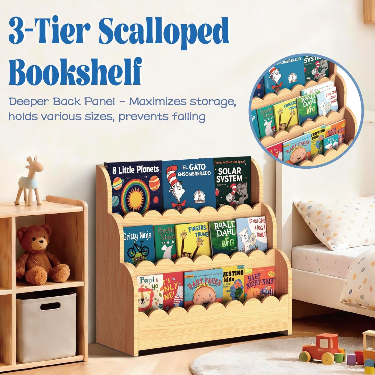 NANATI 3-Tier Scalloped Kids Bookshelf, Solid Pine Wood Nursery Book Shelves, Montessori Bookcase,Toddler Bookshelf for Kids Room, Childrens Book Shelf Organizer for Playroom and Classroom