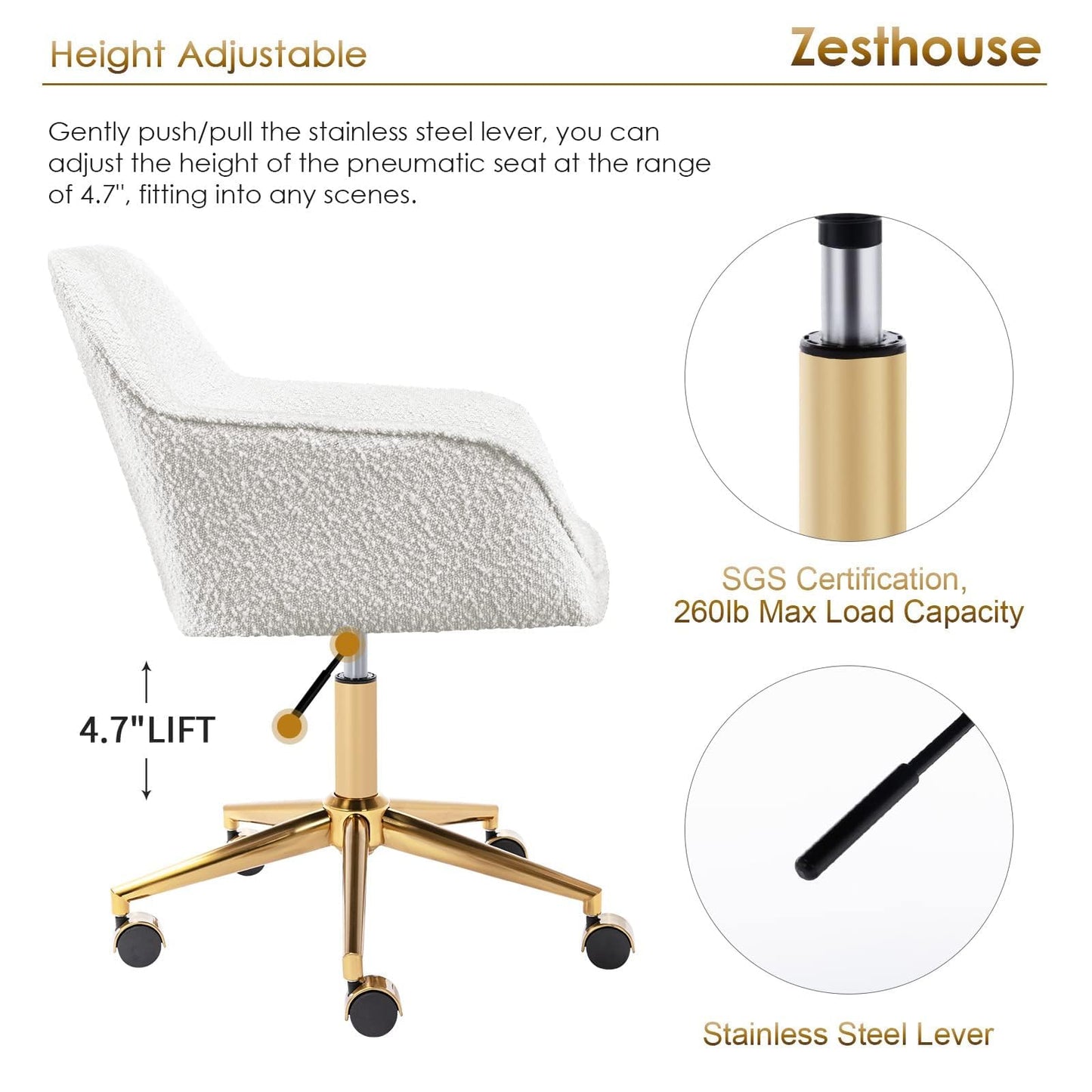 Zesthouse Modern Desk Chair with Wheels, White Swivel Vanity Chair for Girls Women, Upholstered Home Office Chair Boucle Armchair for Bedroom, Height Adjustable Computer Task Chair, Gold Base