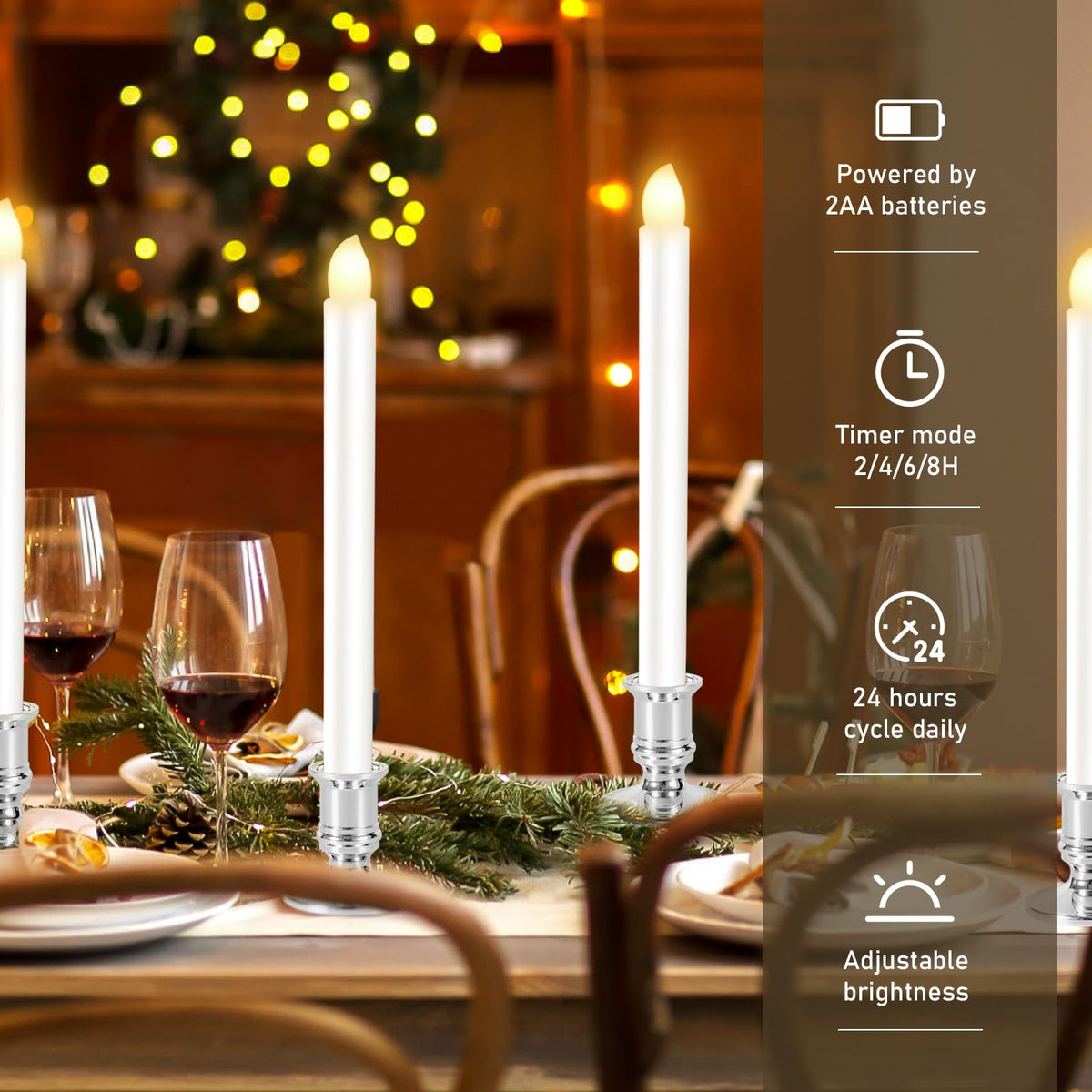 Qmioti 8 Pack Christmas Window Candles, Battery Operated Window Candles with Timer Remote, LED Window Candle with Candle Holders Suction Cups for Christmas Decorations, Silver