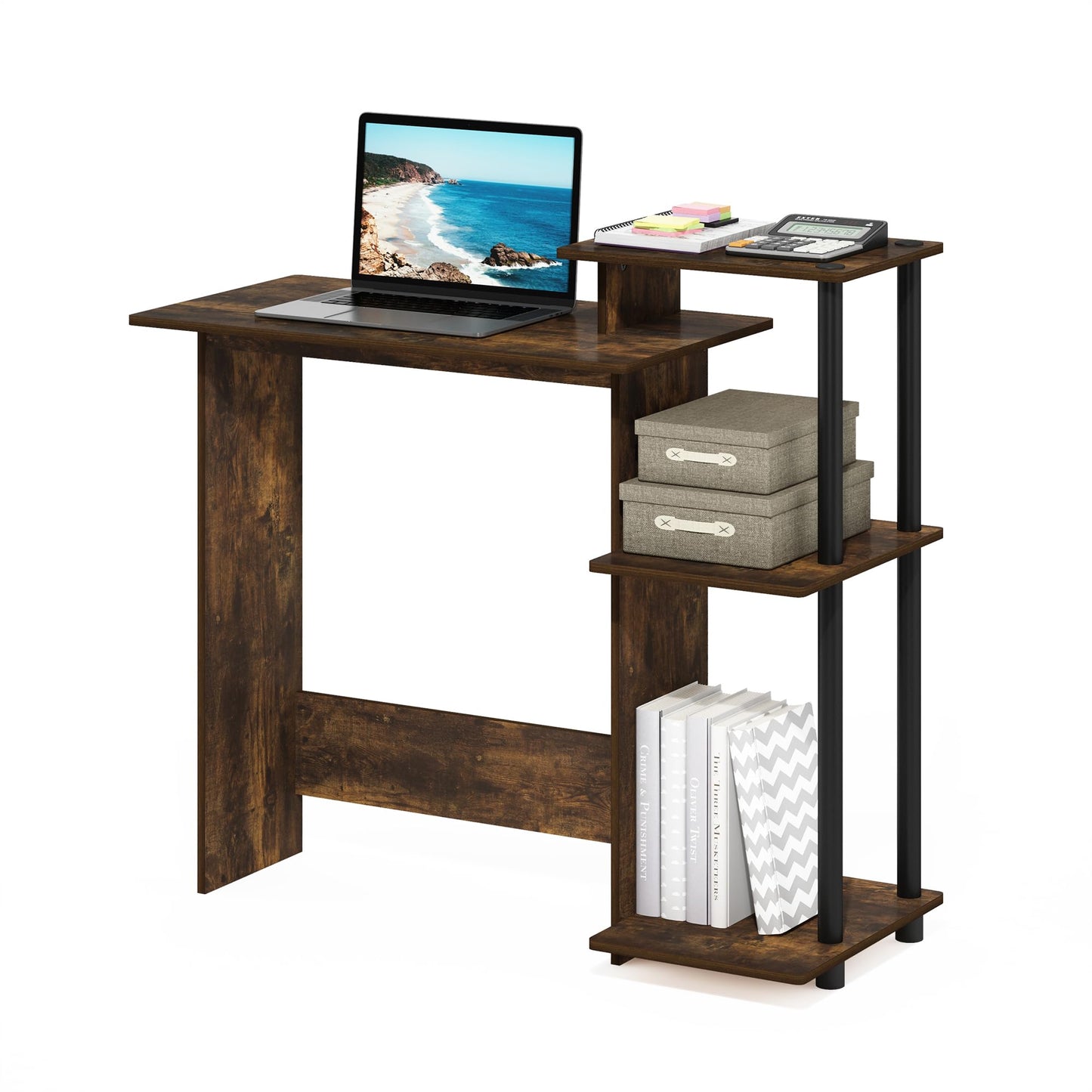 Furinno EFFICIENT Desk, 28.6" Wide Gaming Desk with 3 Open Side Shelves, Laptop Notebook Computer Desk, Office Desk for Home Office, Study Room, Dorm, Bedroom, Amber Pine
