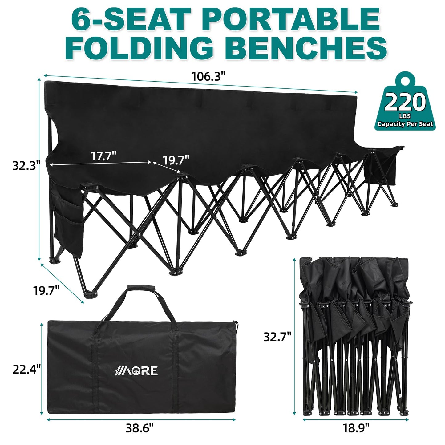 1MORE Soccer Bench - Portable Folding Team Bench, 6 Seats Foldable Sideline Benches, Soccer Chair with Bag & Backrest, Adult Team Chair for Football Camp Sport Events Outdoor Seating.Black