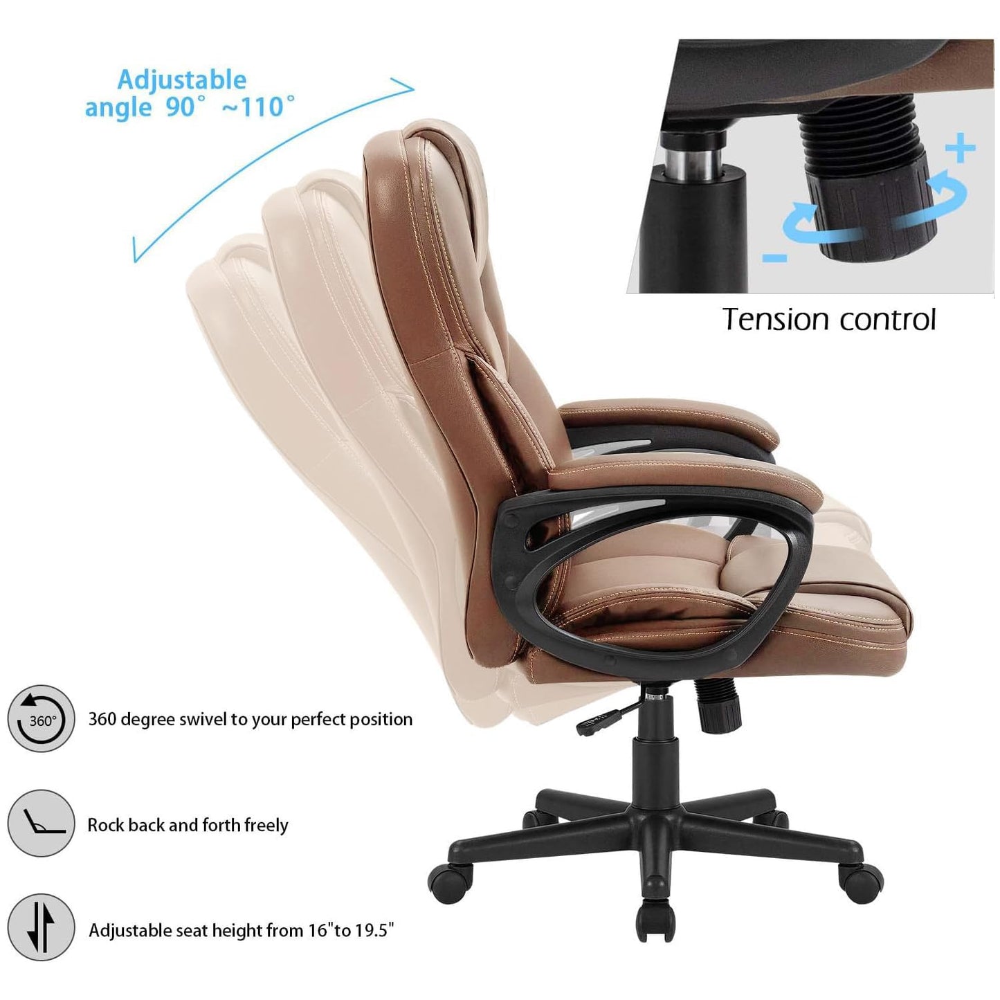 Furmax Office Executive Chair High Back Adjustable Managerial Home Desk Chair, Swivel Computer PU Leather Chair with Lumbar Support (1, Light Brown)