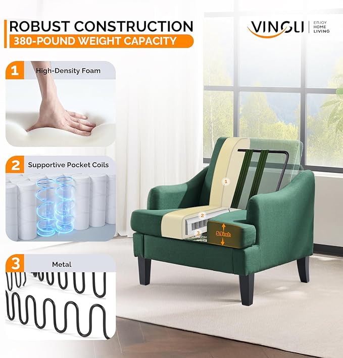 VINGLI Linen Fabric Accent Chairs Set of 2, Comfy Sofa Chair Living Room