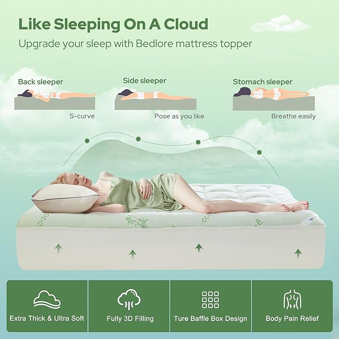 BEDLORE Queen Mattress Topper Viscose Derived from Bamboo, Thick Pillow Top