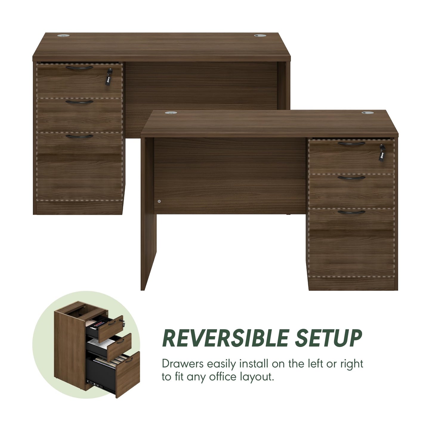 Furinno Roger 47 Inch Executive Desk with File Cabinet, Home Office Desk with 3-Drawer Fixed Pedestal Filing Cabinet, Desk Cord Grommet, for Home Office, Modern Walnut