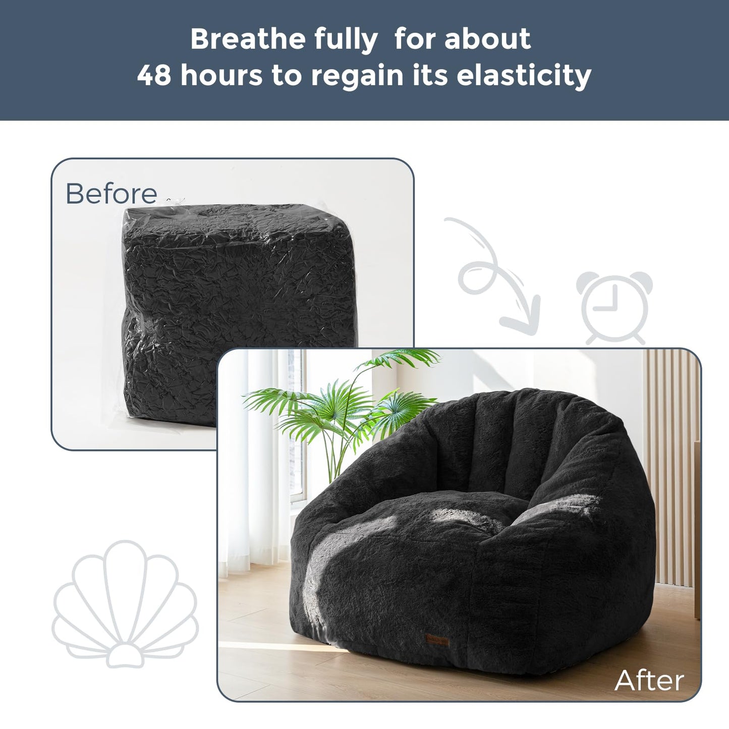 MAXYOYO Giant Bean Bag Chair, Oversized Bean Bag Couch for Adults and Kids, Faux Fur Shell-Shaped Large Chair with Filler, Stuffed Big Accent Sofa Lounge Floor Sofa for Gaming, Reading, Black
