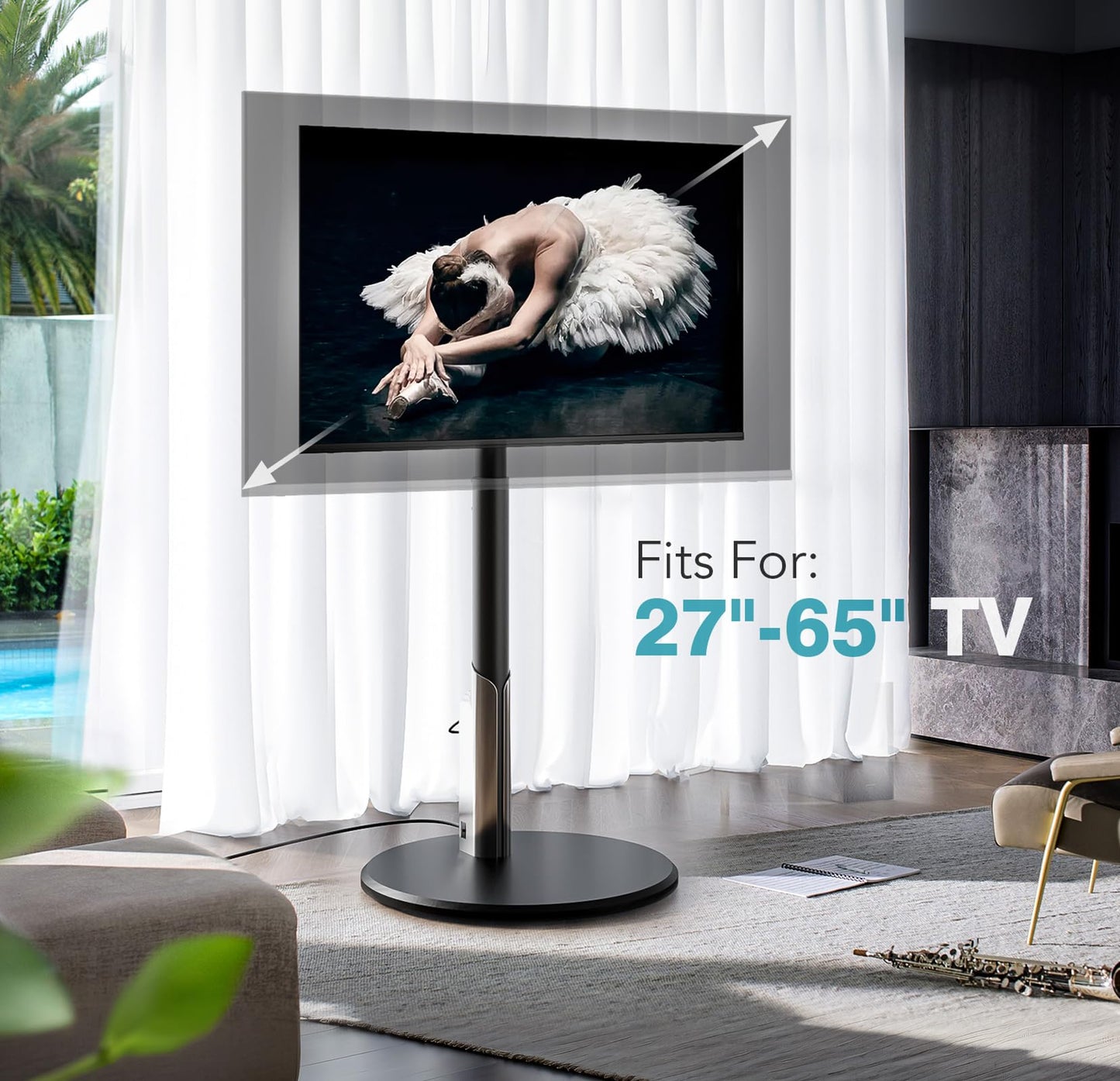 LLDEPLL Floor Mobile TV Stand with Power Outlet, Rolling TV Cart for 27-65 Inch OLED LED Monitors, 6 Levels of Height Adjustment, Ambient Lighting on The Bottom Wheels Holds up to 88lbs, 400x400mm
