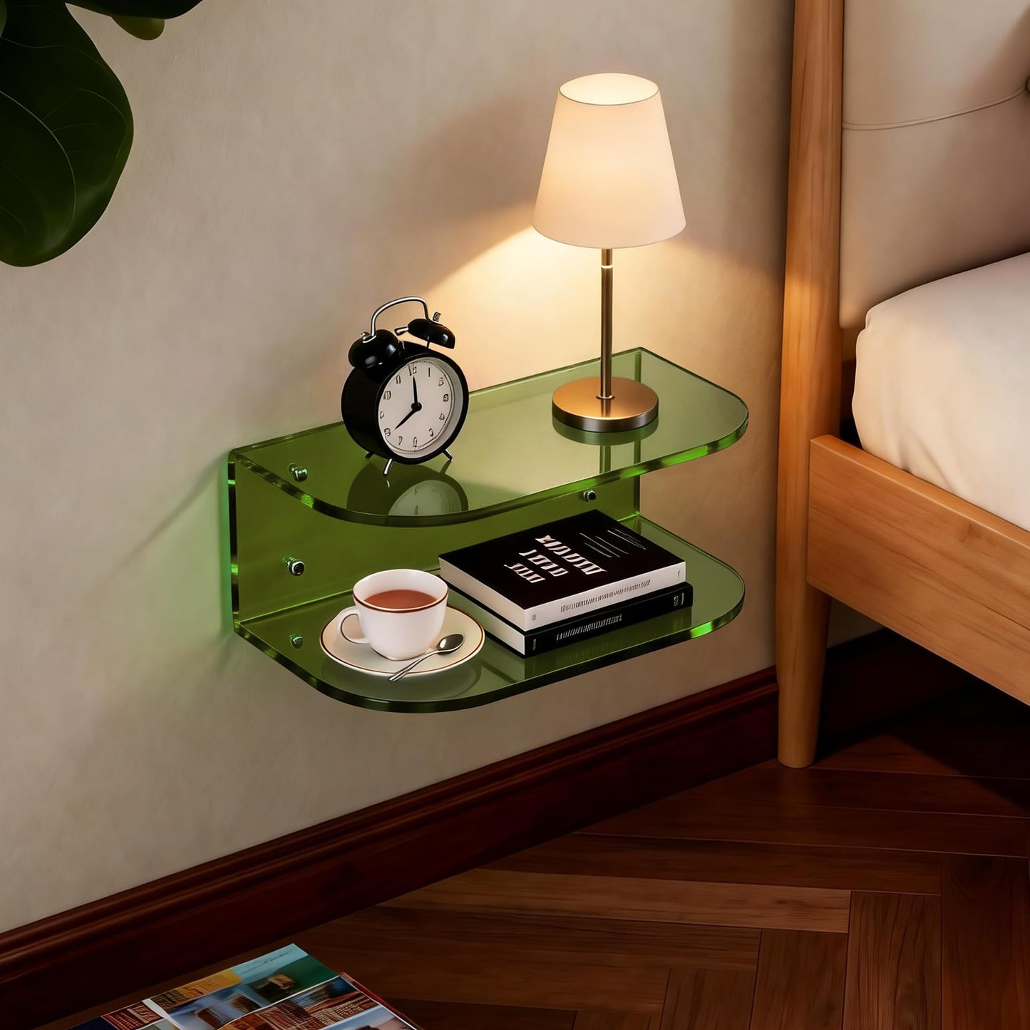 Dewrhiixe Acrylic Floating Nightstand, Wall Mounted Bedside Table Shelf (Green, 15.7”×9.4“×5.9”)