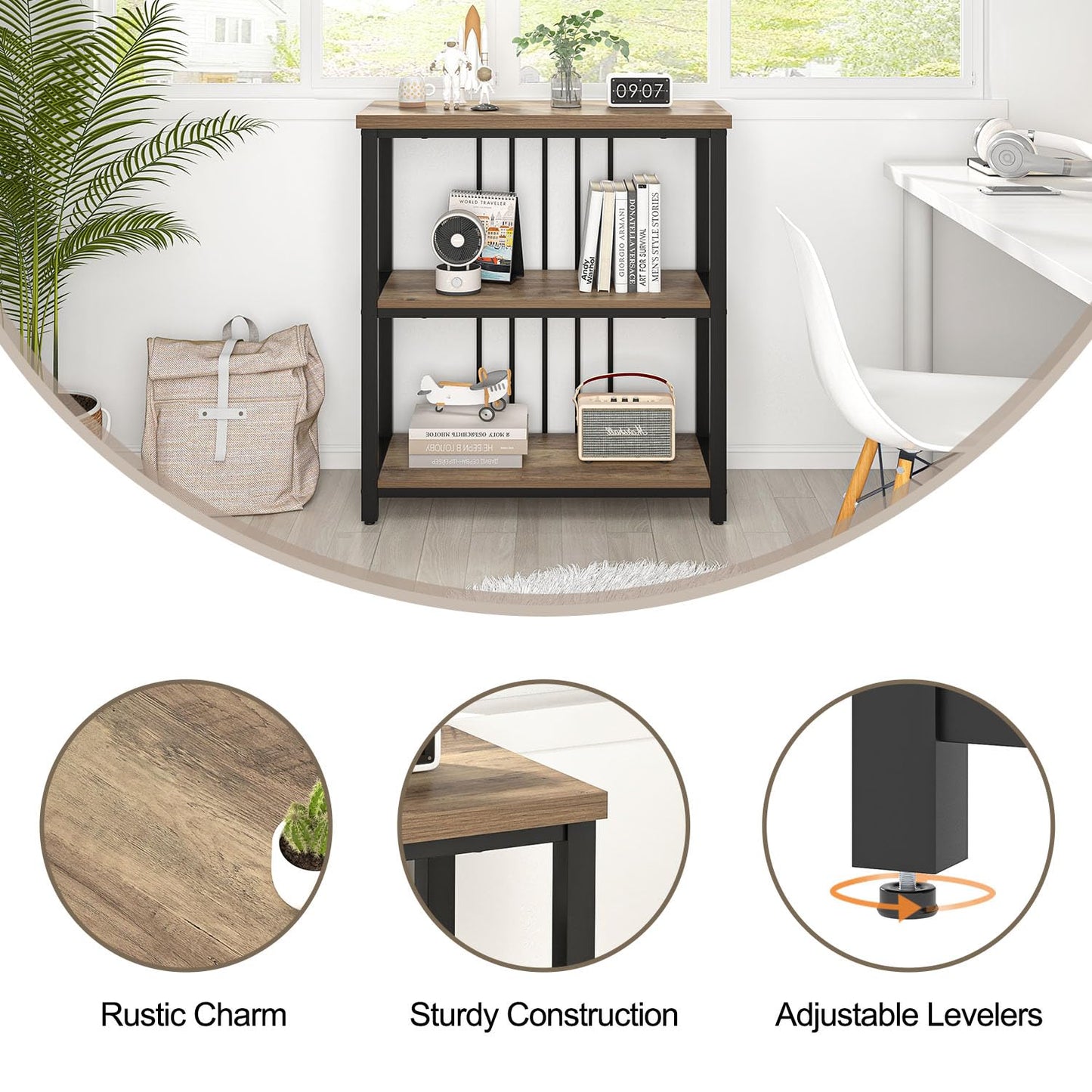 FOLUBAN Small Bookshelf and Bookcase, 3 Tier Open Book Shelf, Modern Metal and Wood Shelving Unit for Living Room Bedroom, Oak