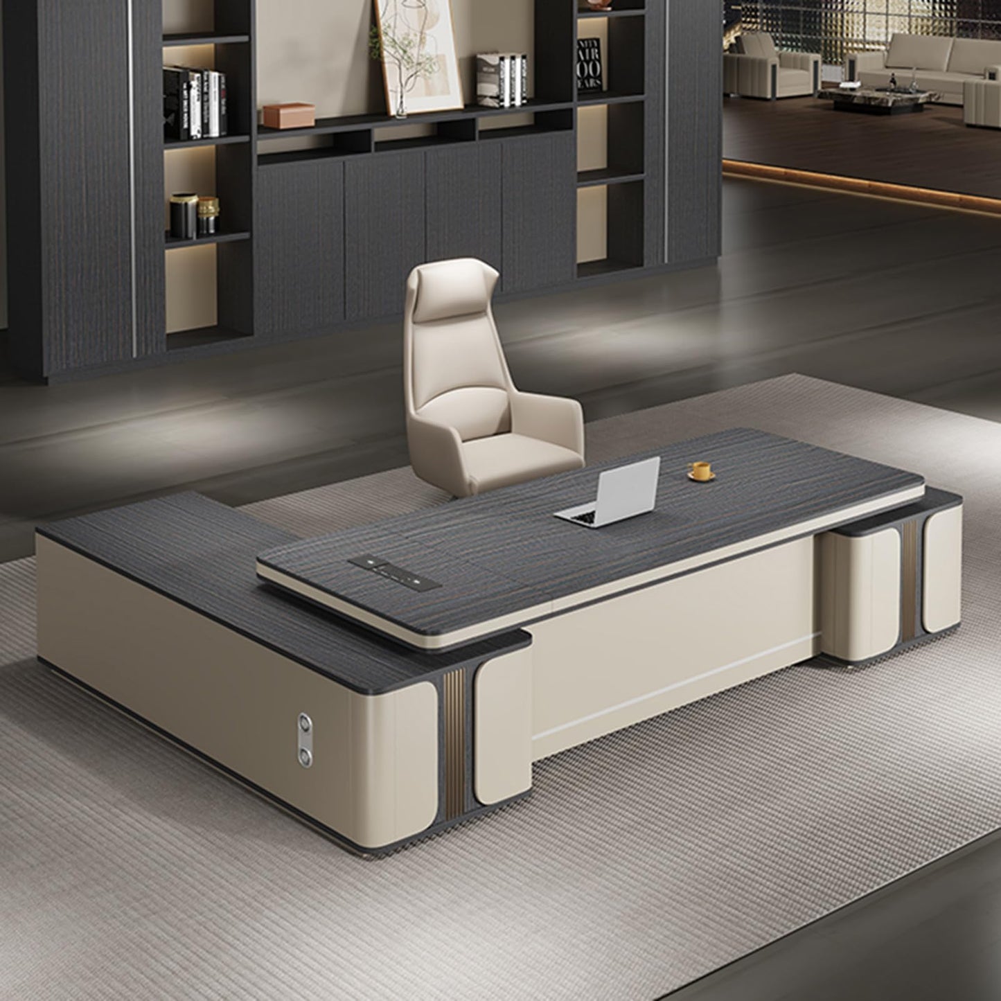 LSIGHTUS 94" Executive Desk - L Shaped Office Desk with Drawers, Modern Large Home Computer Table with Storage Shelves and Cable Management Box Gaming Study Table Business Furniture for CEO, Boss