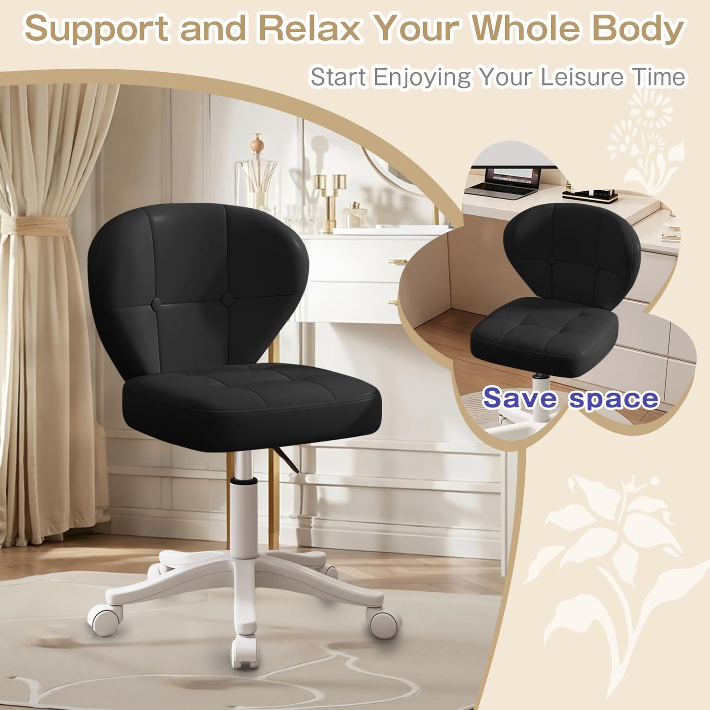 Walktory Vanity Chair with Back – Small Armless Office Chair with Wheels, Lumbar Support, PU Leather, Adjustable Height, 360° Swivel for Home, Bedroom, Office Black Set of 1