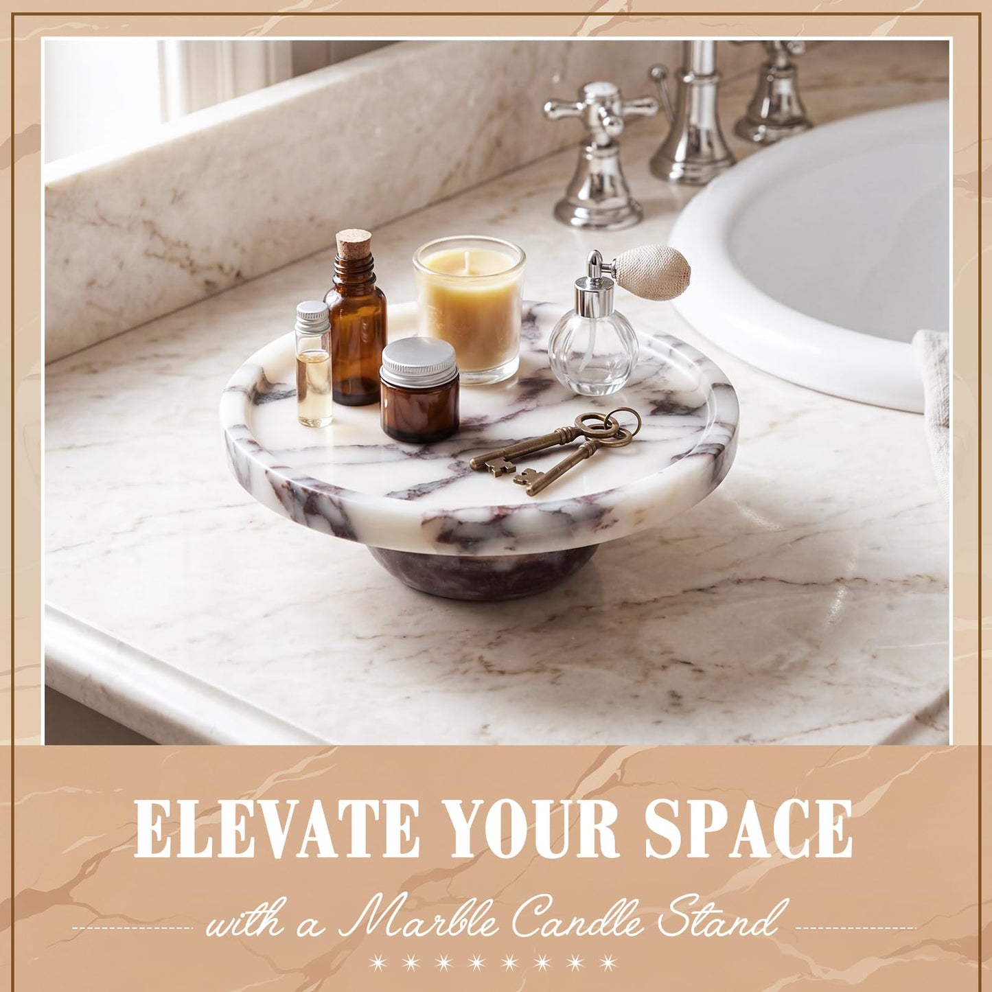 Ferrochef Natural Round Marble Tray with Legs, 7" Calacatta Viola Solid Marble Pedestal Tray Decorative for Bathroom Vanity, Kitchen Counter, Jewelry, Perfume and Candle Display