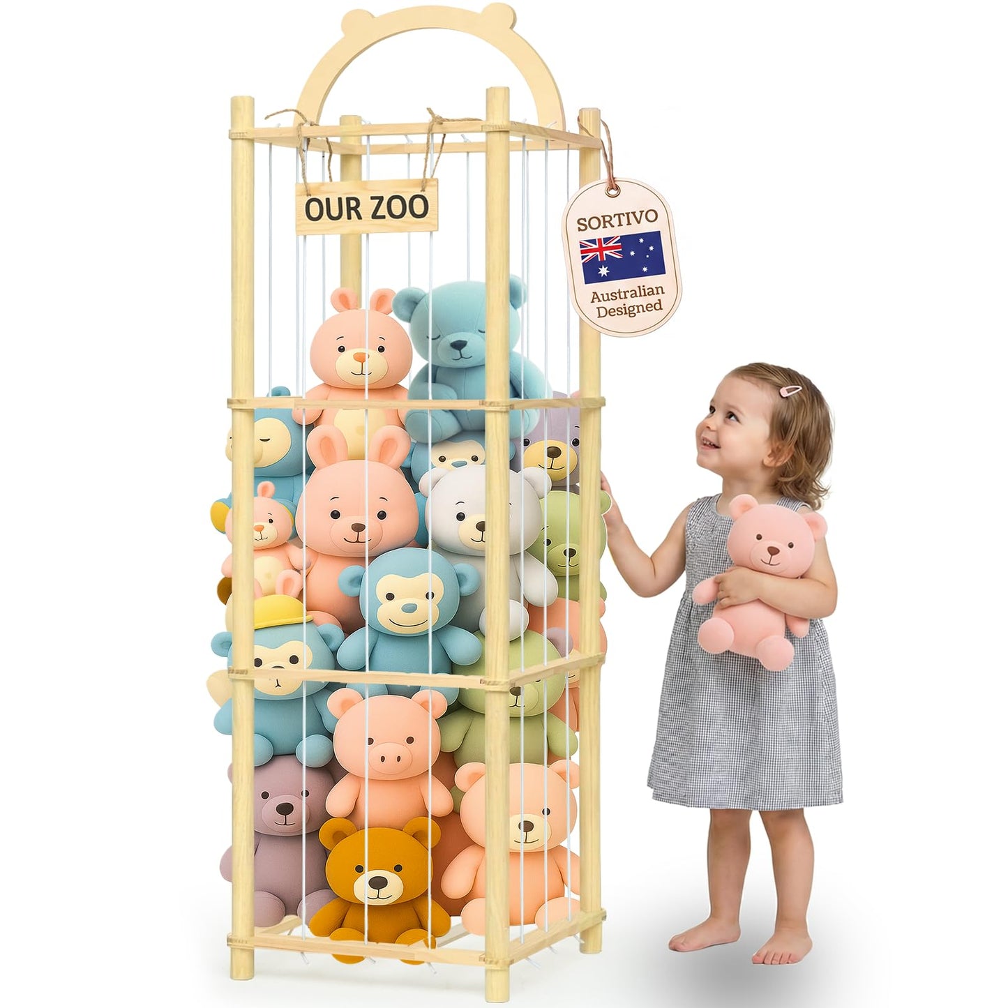 Sortivo Stuffed Animal Storage & Organizer with 3 Animal Figurines Set, 60In Large Capacity Stuffy & Plushies Storage Holder for Playroom, Nursery, Bedroom & Kids Furniture