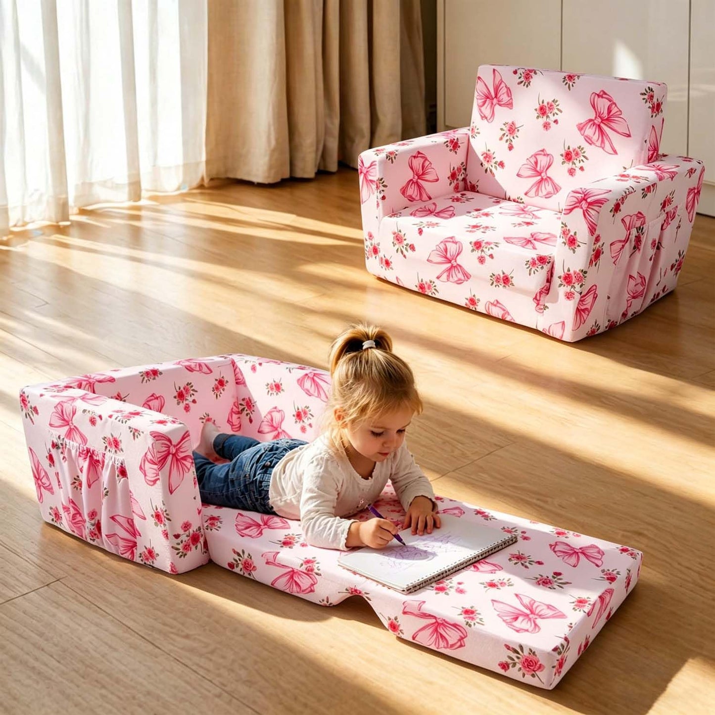 Beavtaens Kids Couch, 2-in-1 Kids Fold Out Couch, Convertible Sofa to Lounger for Girls and Boys, Soft Toddler Chairs Comfy 1-3 Years Old(Pink Bow)