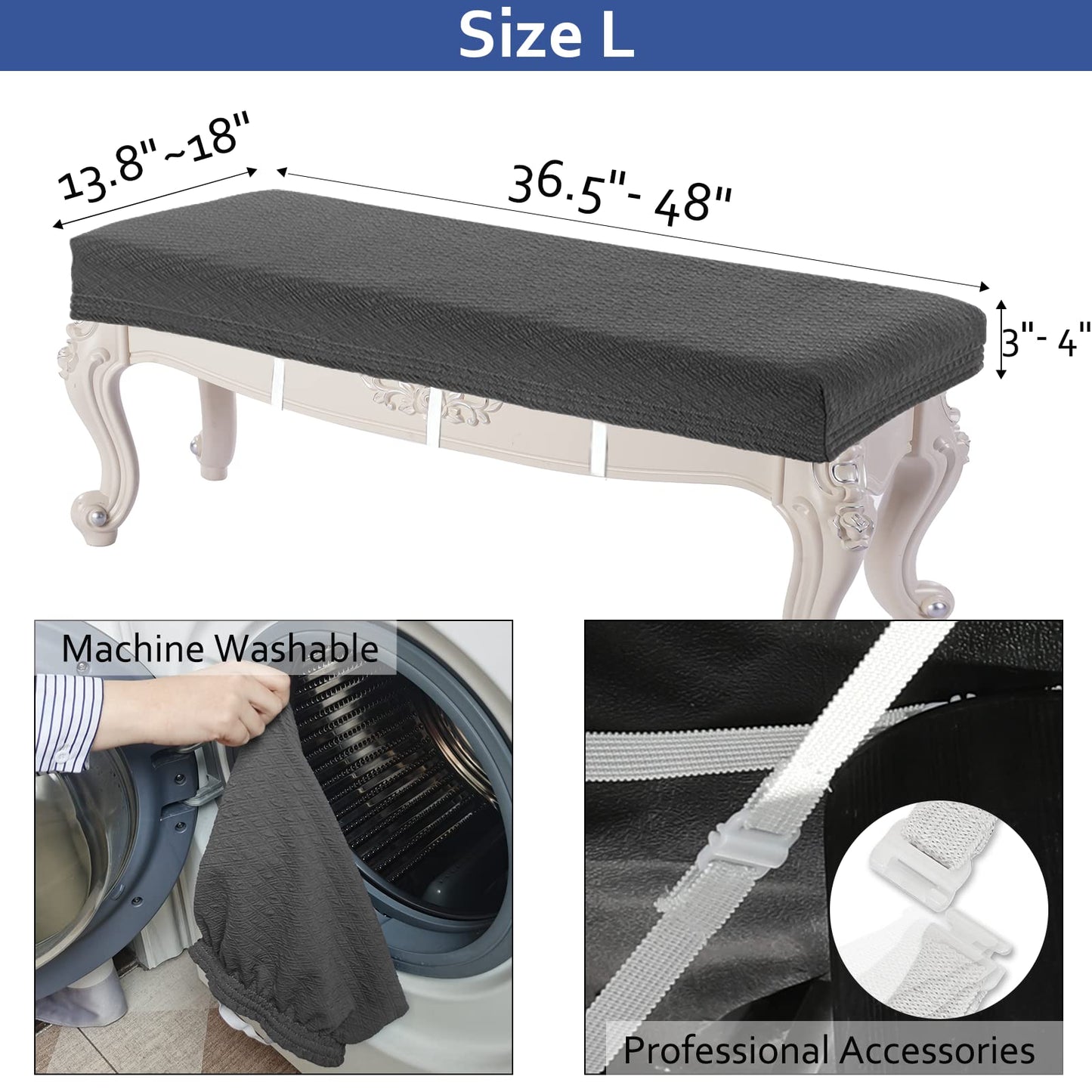 BUYUE Luxury Shoe Bench Cover, (36.5"- 48") L x (13.8"- 18") W Stretch Jacquard Washable Rectangle Long Dining Bench Slipcover (L, Grey)