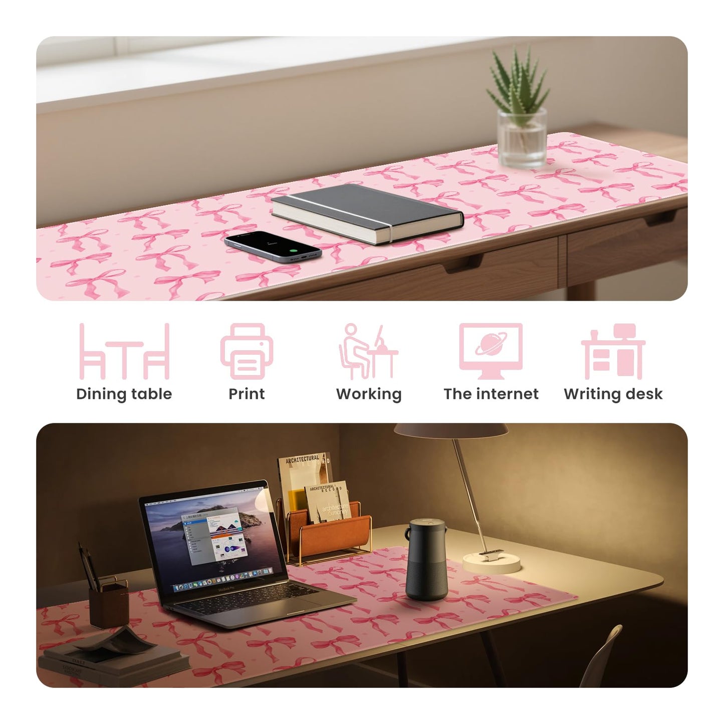 Pink Desk Mat with Bows, Cute Mouse Pad for Computer Laptop PC Non-Slip Rubber Base Gaming Keyboard Pad, Large Office Mat Girly Décor Office Supplies Desk Accessories for Teen Girls Women 31.5 x 15.7