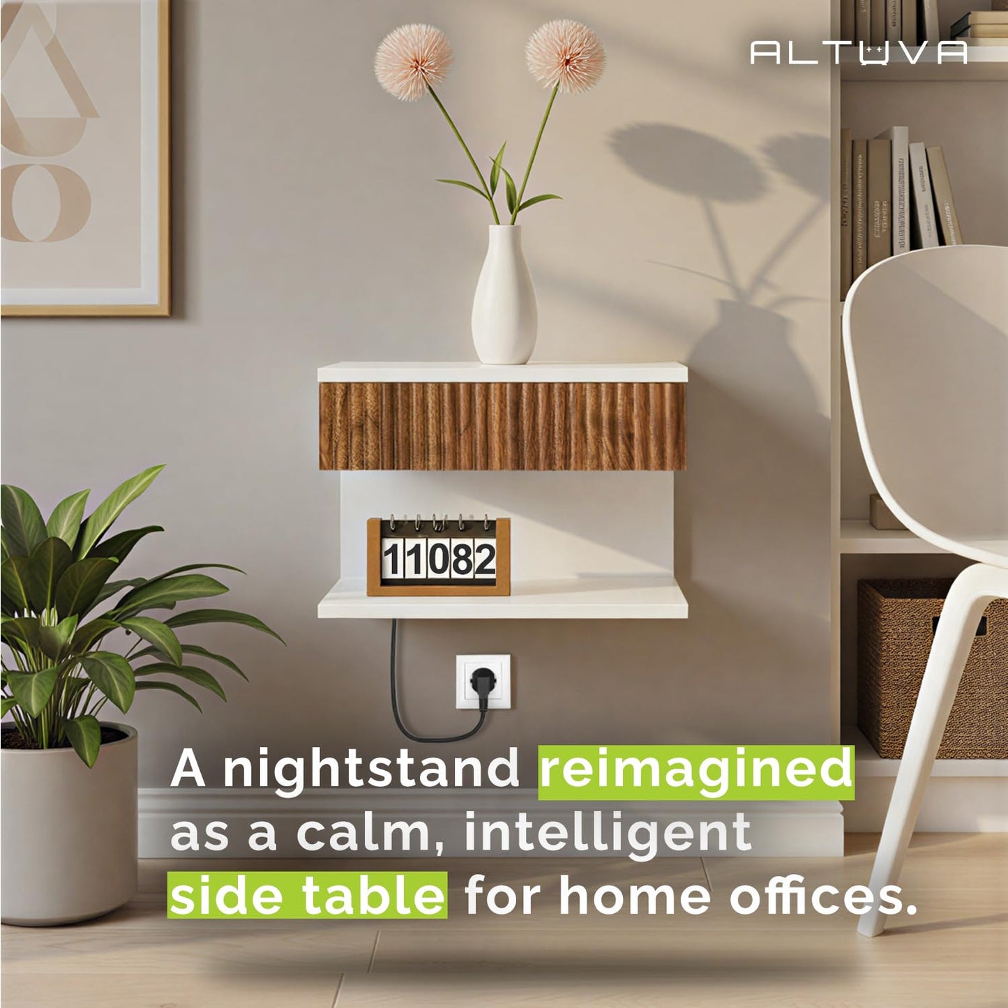 ALTUVA - Floating Nightstand Set of 2 with Charging Station – Modern White Wall Mounted Bedside Tables with Walnut Fluted Drawers – Mid Century Nightstands for Bedroom, Small Spaces, Retro MCM Style