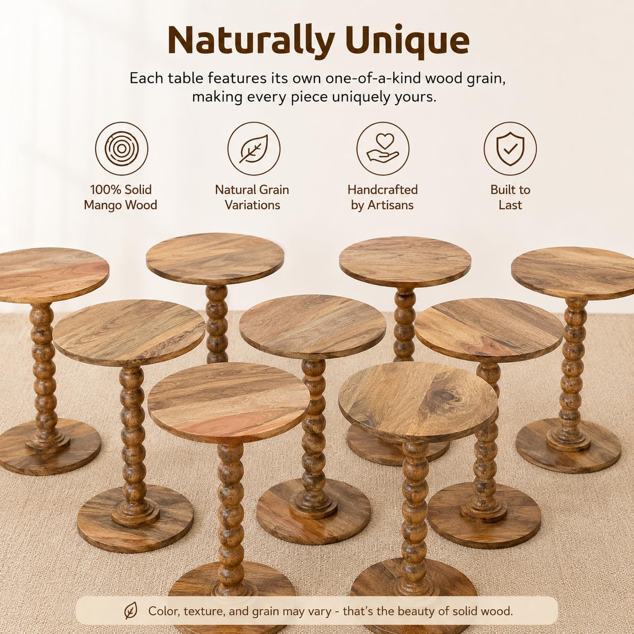 LIVINGNISH Solid Wood Round Side Table for Living Room, Bedroom and Office — Handcrafted End Table, Bedside Nightstand, Accent Table for Small Spaces with Tool-Free Assembly- Natural