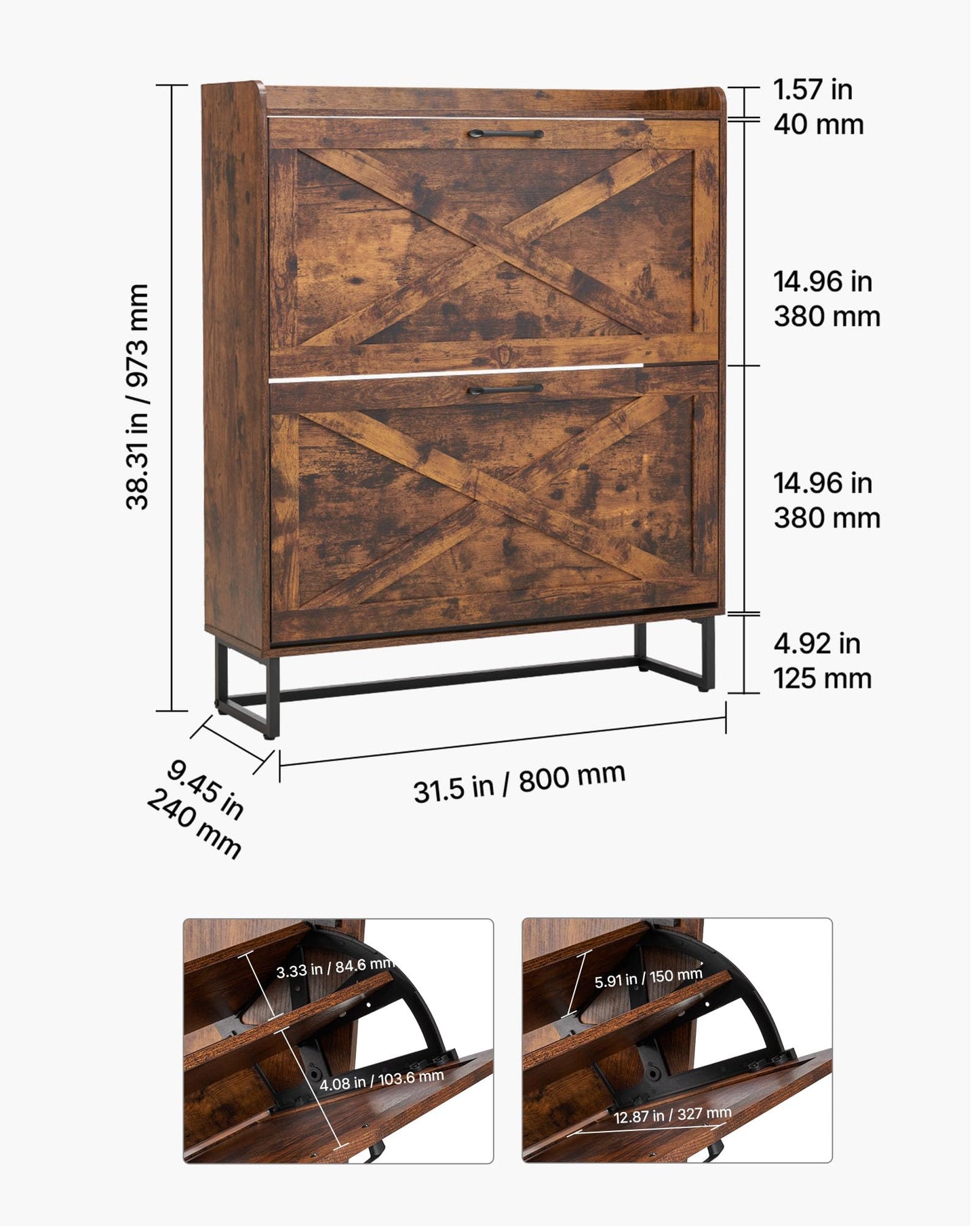 VEVOR Shoe Cabinet with 2 Flip Drawers, Farmhouse Shoes Storage Cabinet with Metal Legs and Anti-Tipping Device, Freestanding Shoe Organizer Ideal for Entryway, Hallway, Bedroom, Living Room, Brown