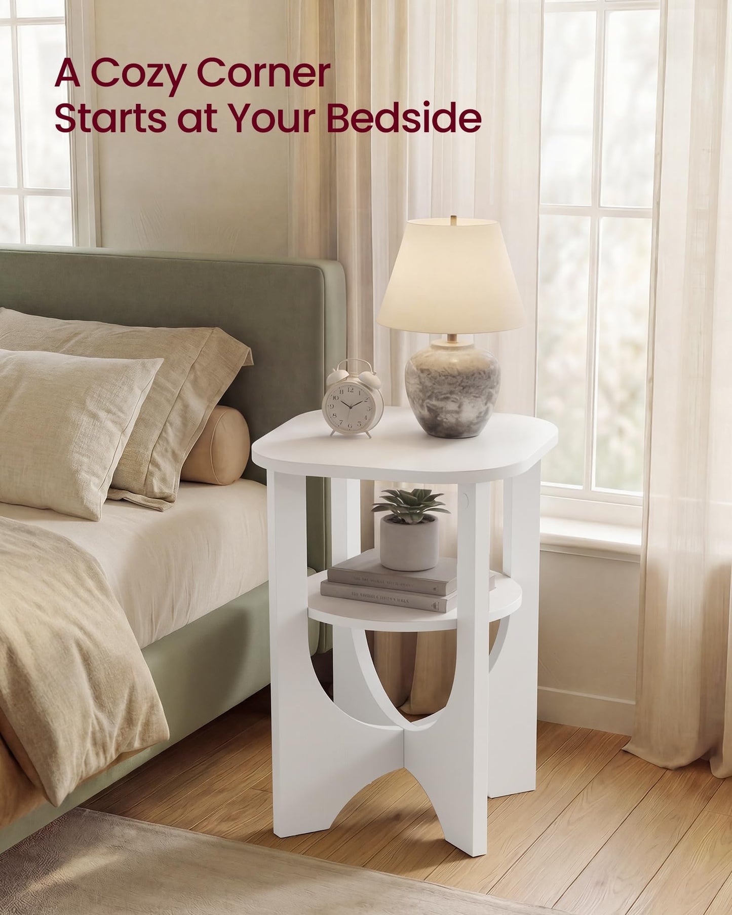VASAGLE Side Table, 2 Tier Small Accent End Table, Nightstand with Lower Shelf for Small Spaces, Living Room, Bedroom, Cloud White ULET233W101S