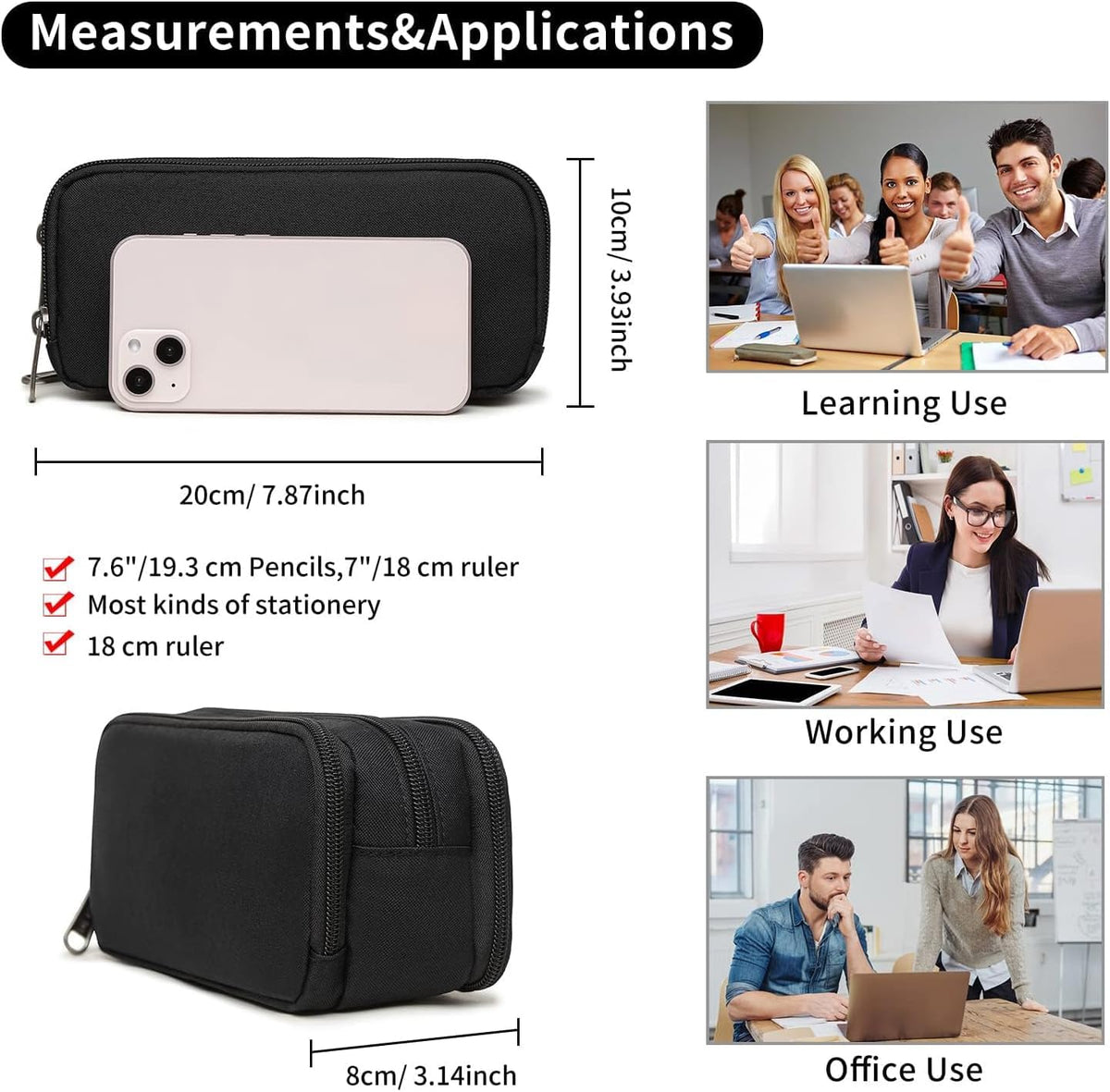 Della Gao Large Capacity Pencil Case, Aesthetic Pencil Pouch with 3 Compartments Nylon Storage Pen Bag Office Stationery Organizer for Women and Men(01-3BK)