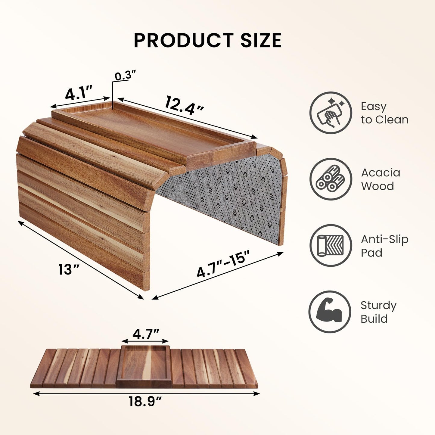 Danfoxer Sofa Arm Tray,Acacia Wood Folding Couch Arm Tray,Sofa Armrest Trays with Anti-Slip Pad for Drinks,Snacks,Phone,Remote Control 2 PC