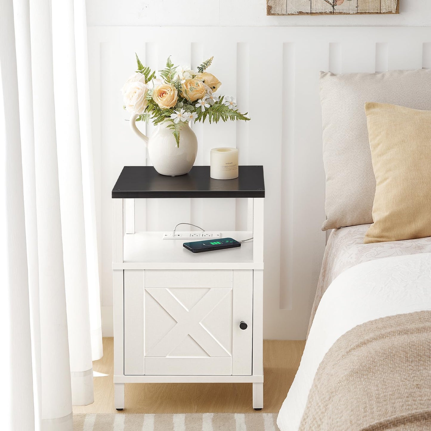 MAHANCRIS Farmhouse Nightstand with Charging Station, Barn Door End Table with USB Ports and Storage Cabinet, Bedside Table for Bedroom, Small Space, White and Black ETBW96E01