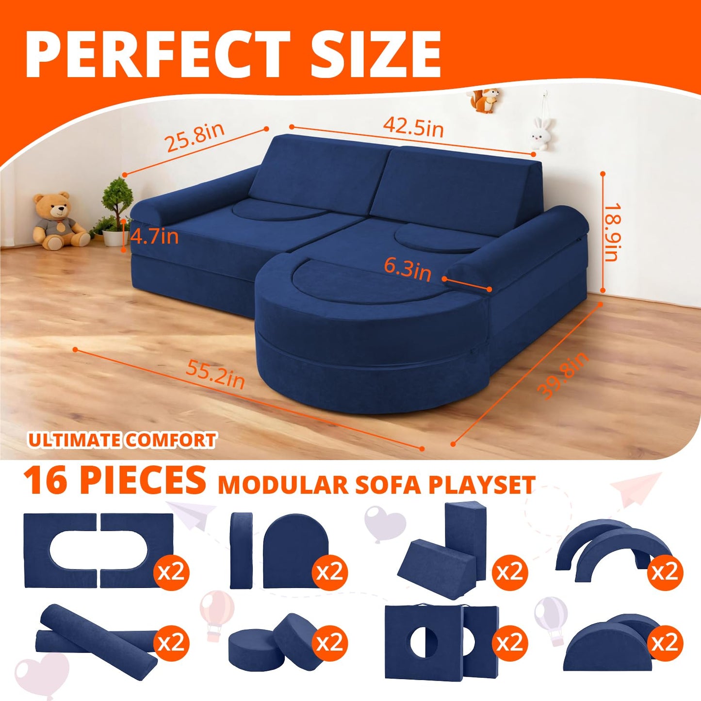 Fvkind Modular Kids Play Couch 16pcs, Kids Toddler Couch Building Fort for Playroom, Bedroom, Toddler Sectional Play Sofa, Convertible Foam Cushion Sofa for Boys and Girls, Blue