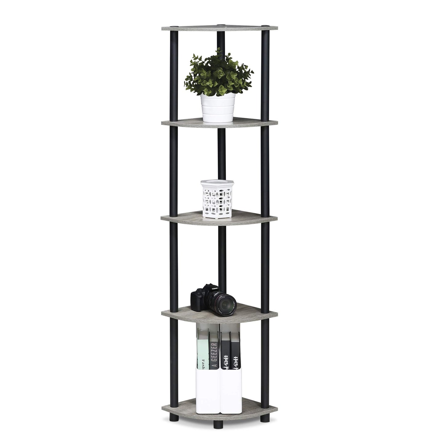 Furinno TURN-N-TUBE Corner Shelf, 5-Tier Corner Bookshelf, Open Storage Shelves, for Organization and Storage, Living Room, Home Office, Garage, Bedroom, French Oak