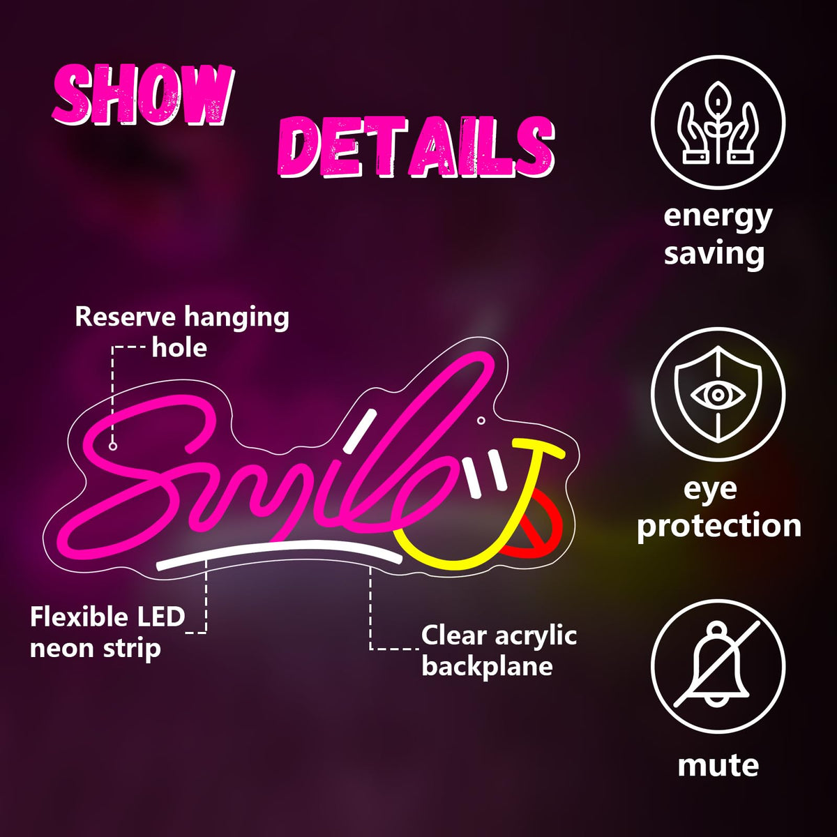 Smile Neon Sign, LED Light up Signs for Bedroom Bar Home Shop Game Room Kids Room Dental Clinic Decor, Gift for Christmas, Birthday