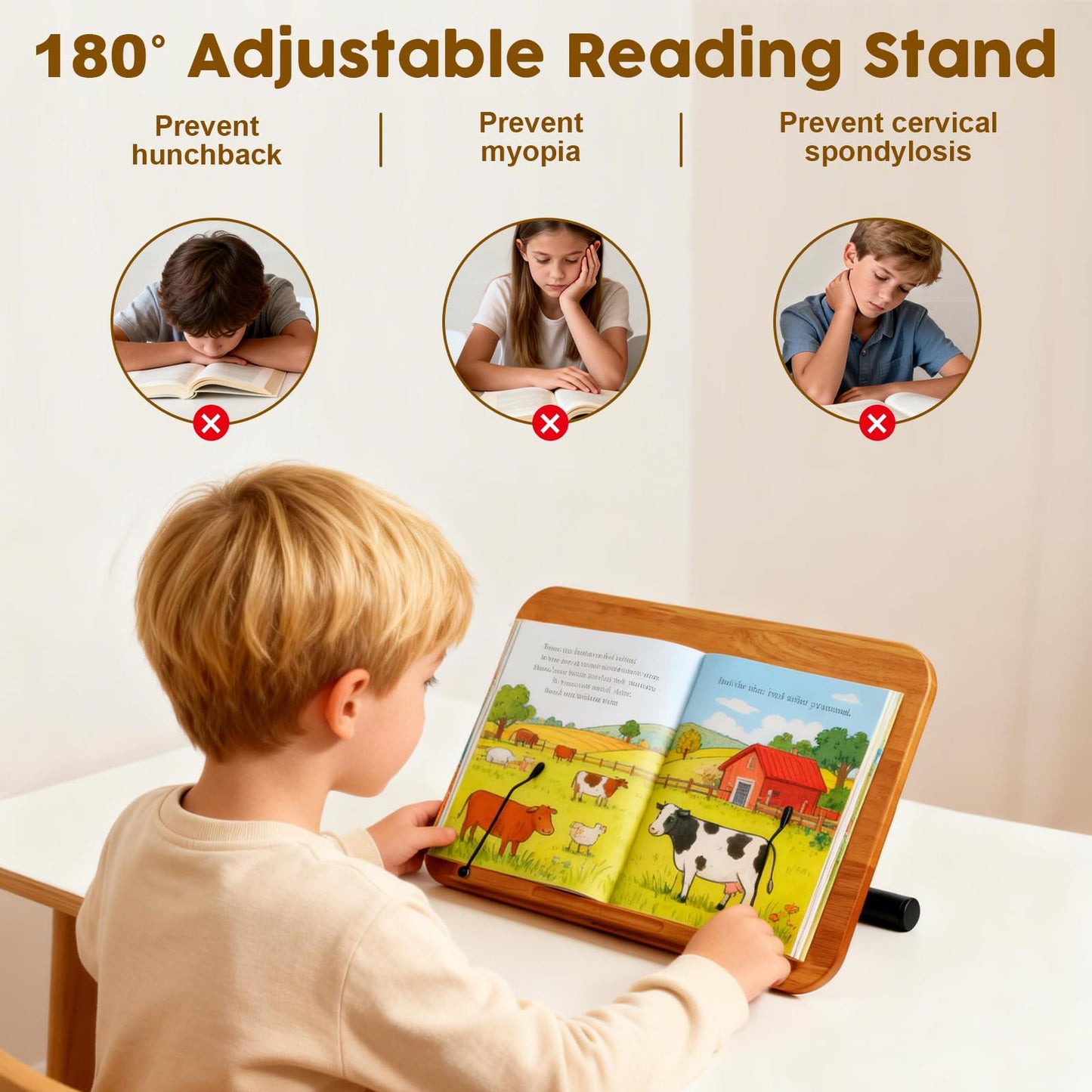 2 in 1 Dual-use Music Stand & Desktop Book Stand, Adjustable Height 16.5"-51", 100% Solid Wood Laptop Floor Stand Book Holder with Elastic Page Clips for Cookbooks (Brown)