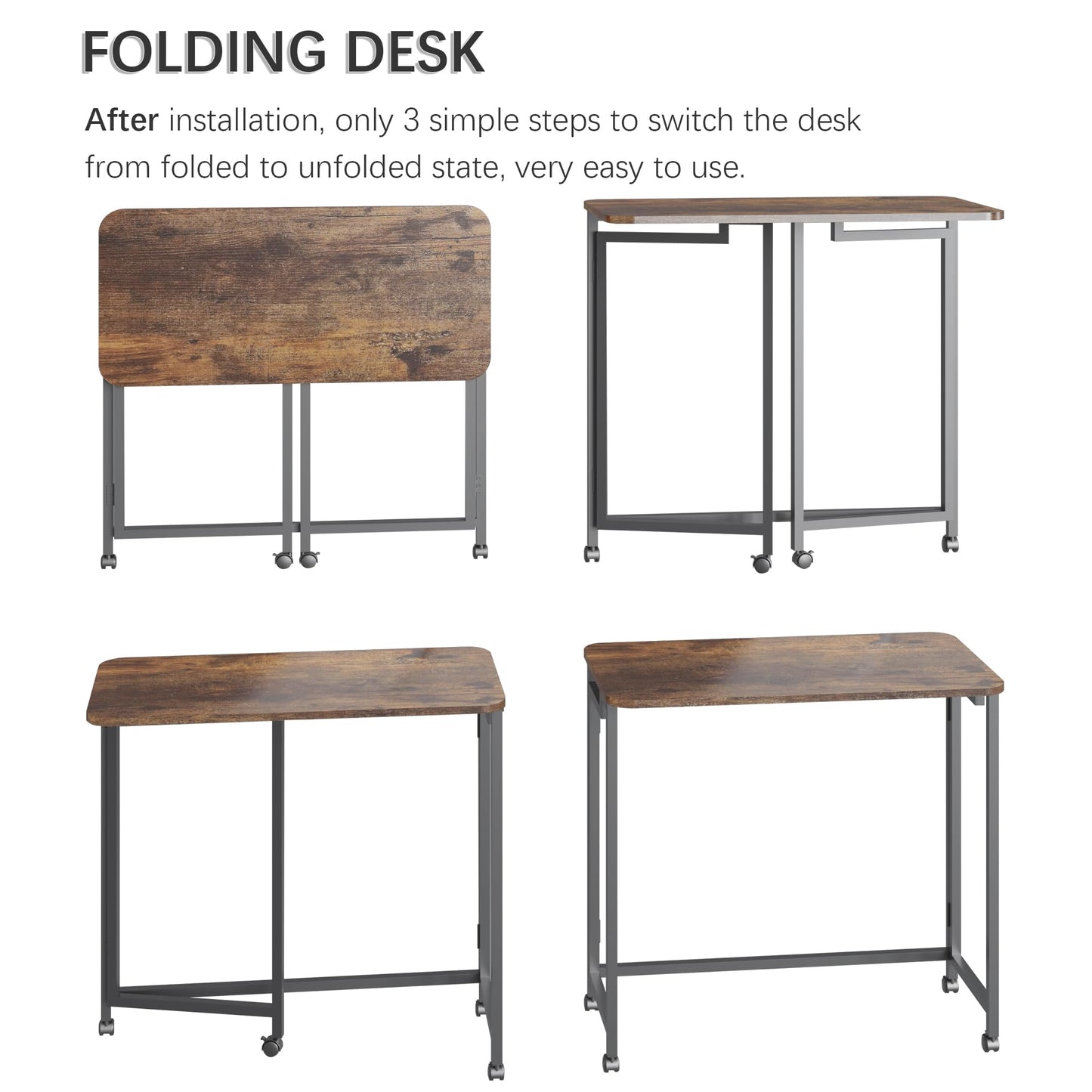 4NM 27.5" Mobile Small Rolling Computer Desk, Folding Laptop Cart Table with Wheels, Portable Office Desk for Small Space Couch Bed - Rustic Brown and Black