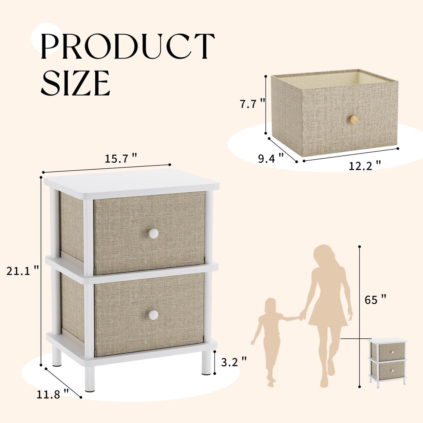 Apicizon Nightstand with 2 Storage Drawers, Boho Side Table with Solid Wood Legs, End Table for Small Spaces, Bedroom, Living Room, Entryway, White