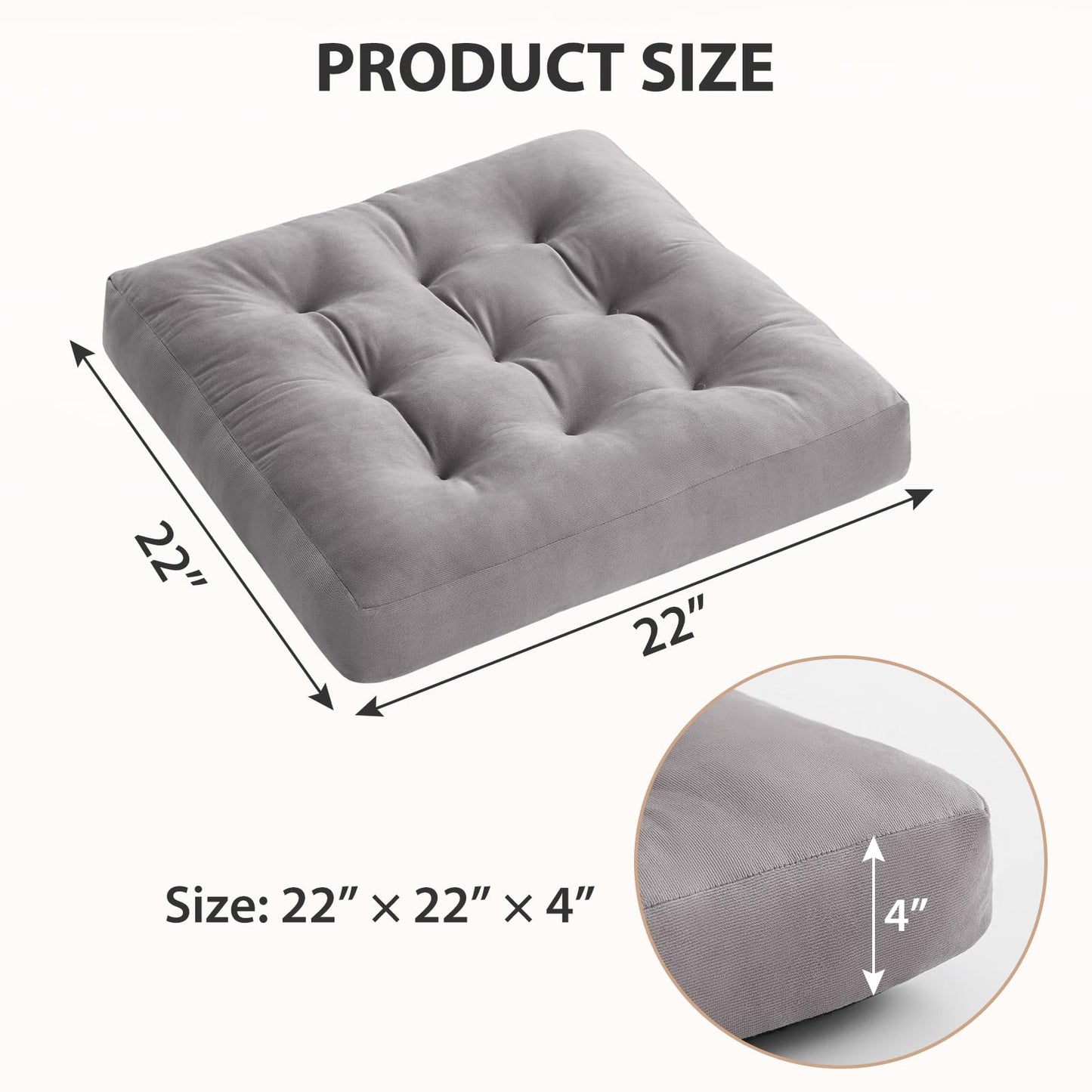 SM-XLHN Meditation Floor Pillow Set of 2, Square Large Pillows Seating for Adults, Meditation Cushion Pillow,Tufted Corduroy Cushion for Tatami Living Room or Yoga, Light Gray, 22x22 Inch
