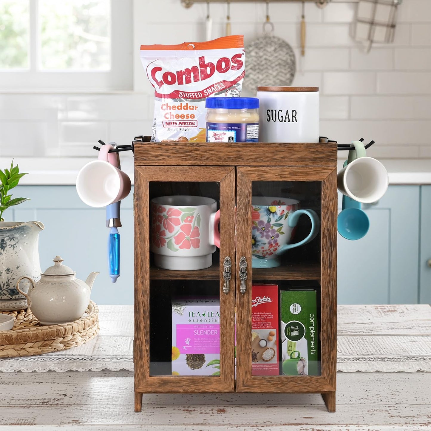 Ikee Design Small Wooden Countertop Storage Cabinet with Adjustable Shelves and Removable Hooks, Perfect for Perfume, Pantry, Essential Oil, 10.4W x 6.1D x 14.4H in, Brown