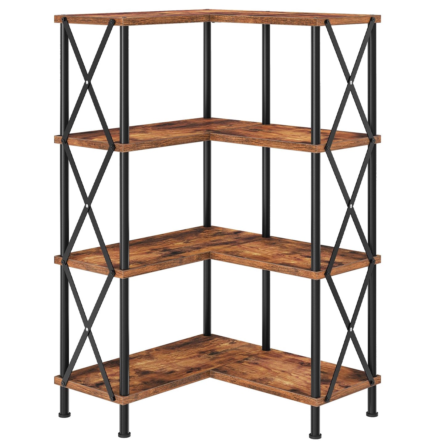 HOOBRO Corner Bookshelf, 4-Tier L-Shaped Bookcase, Industrial Open Display Shelf Tall Storage Organizer, Vertical Storage Rack, for Living Room, Home Office, Rustic Brown and Black BF59SJ01