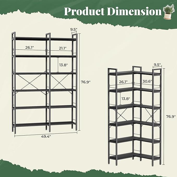 Huuger 6 Tier Bookshelf, L Shaped Corner Bookshelf