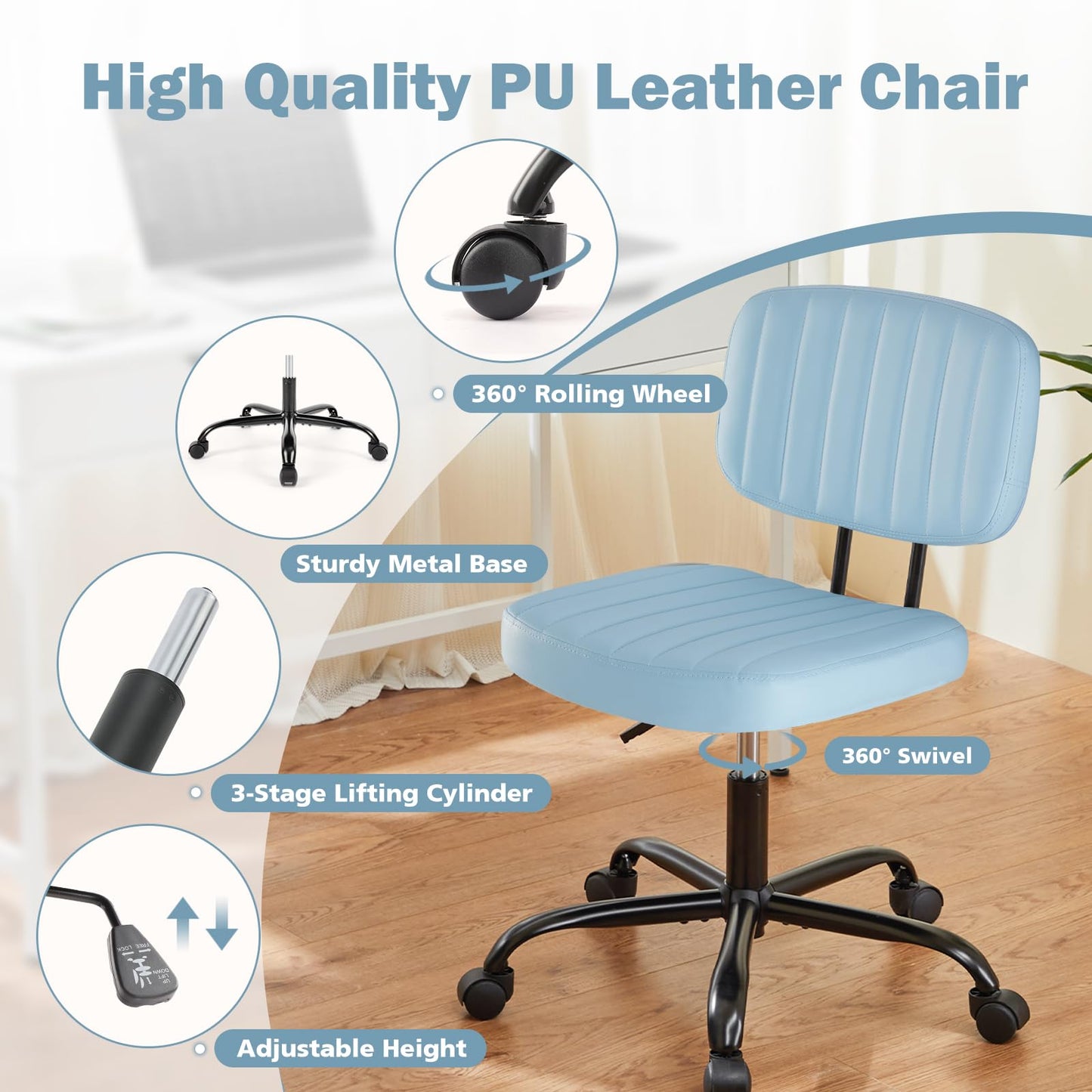 DUMOS Armless Home Office Executive Chair - Small Desk Chair with Low Back Lumbar Support, Height Adjustable PU Leather Computer Task Chair with 360° Swivel Wheels, for Adults, Blue