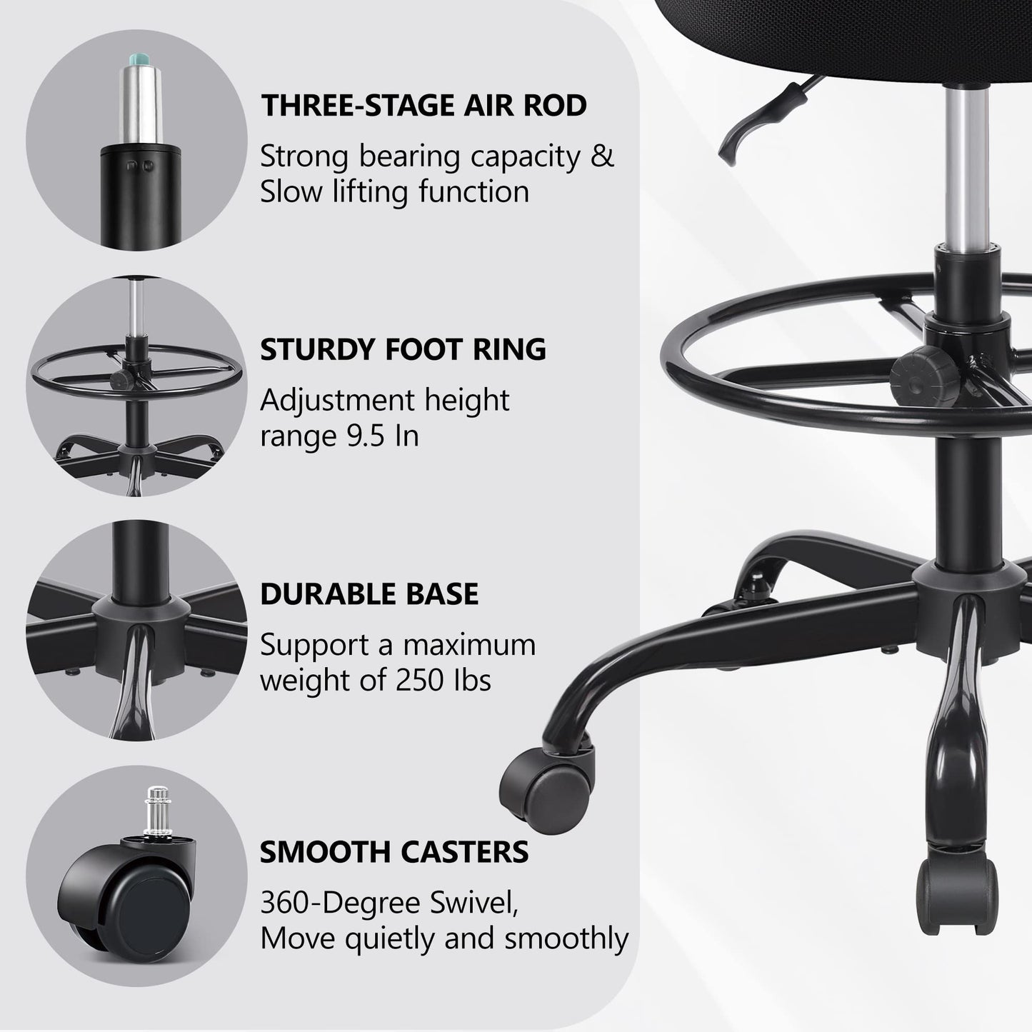 Primy Tall Drafting Desk Chair - Armless, Adjustable Height, Mesh Back, Rolling, Standing Desk Chair for Art Room, Office or Home (Black)