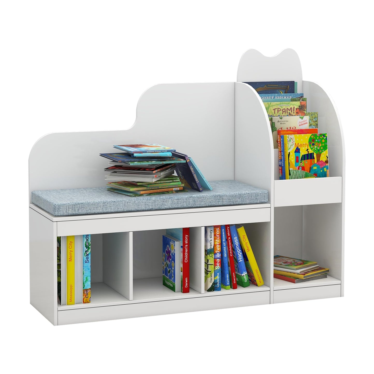 TaoHFE Reading Nook for Kids with 4 Storage Cubes and Cushion, Kid Bench with Kids Bookshelf and Toy Storage, Multifunctional Kids Reading Nook for Living Room, Kid Room, Nursery, White