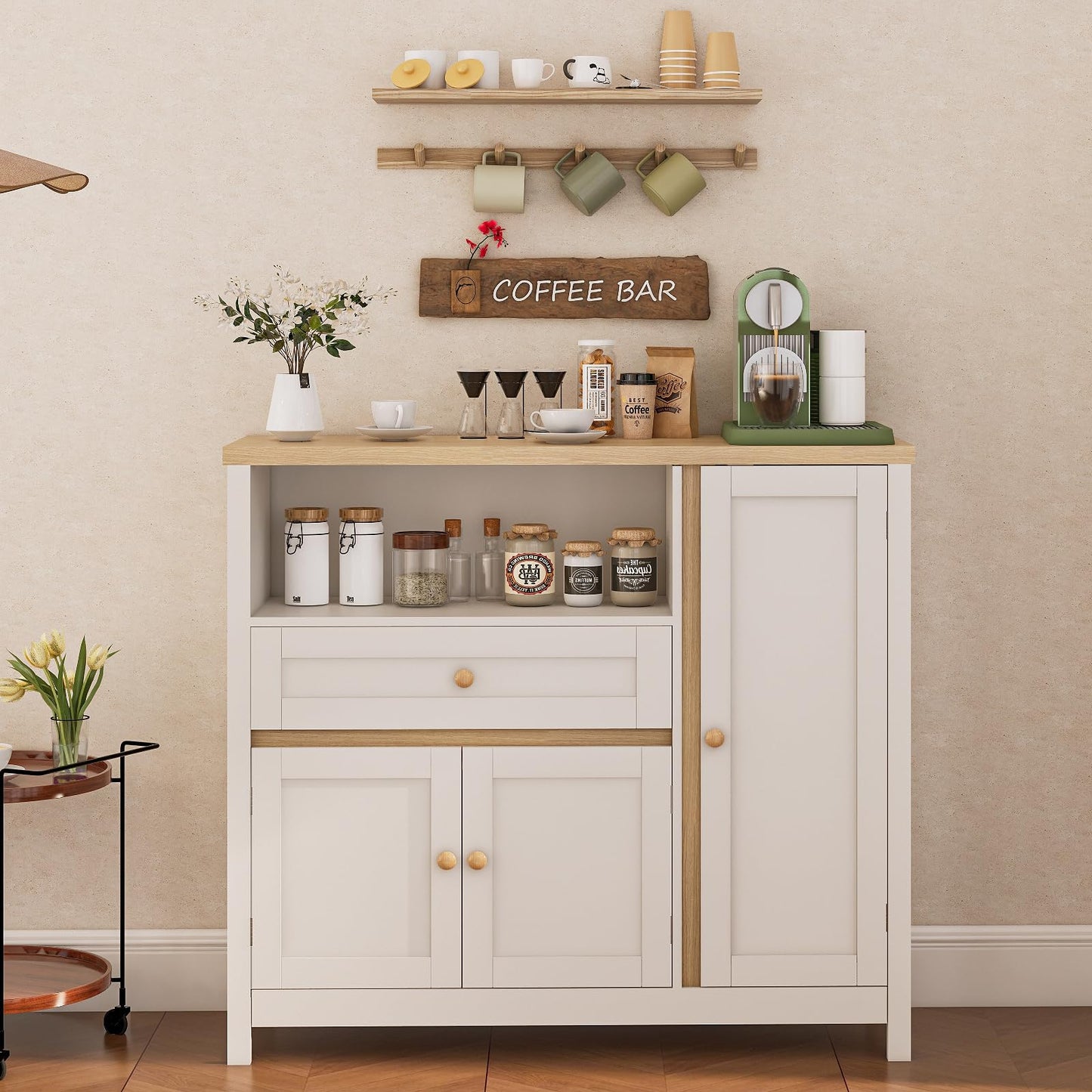 Viaozutis Coffee Bar Cabinet with Doors and Drawer, 35.4" Kitchen Storage Cabinet with Adjustable Shelf, Freestanding Buffet Sideboard for Dining Room, Bathroom, Entryway, White