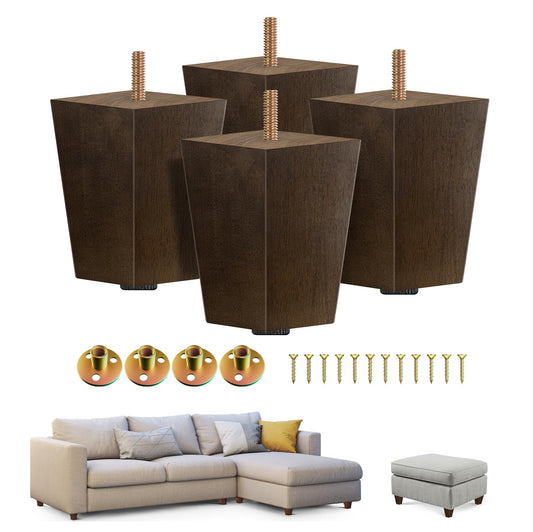 Yes4All 4-Inch Square Wooden Furniture Legs Set of 4, Brown Mid-Century Modern Feet for Sofa, Ottoman, Bench, Dresser, and Table Risers with Adjustable Levelers for Stability and Floor Protection