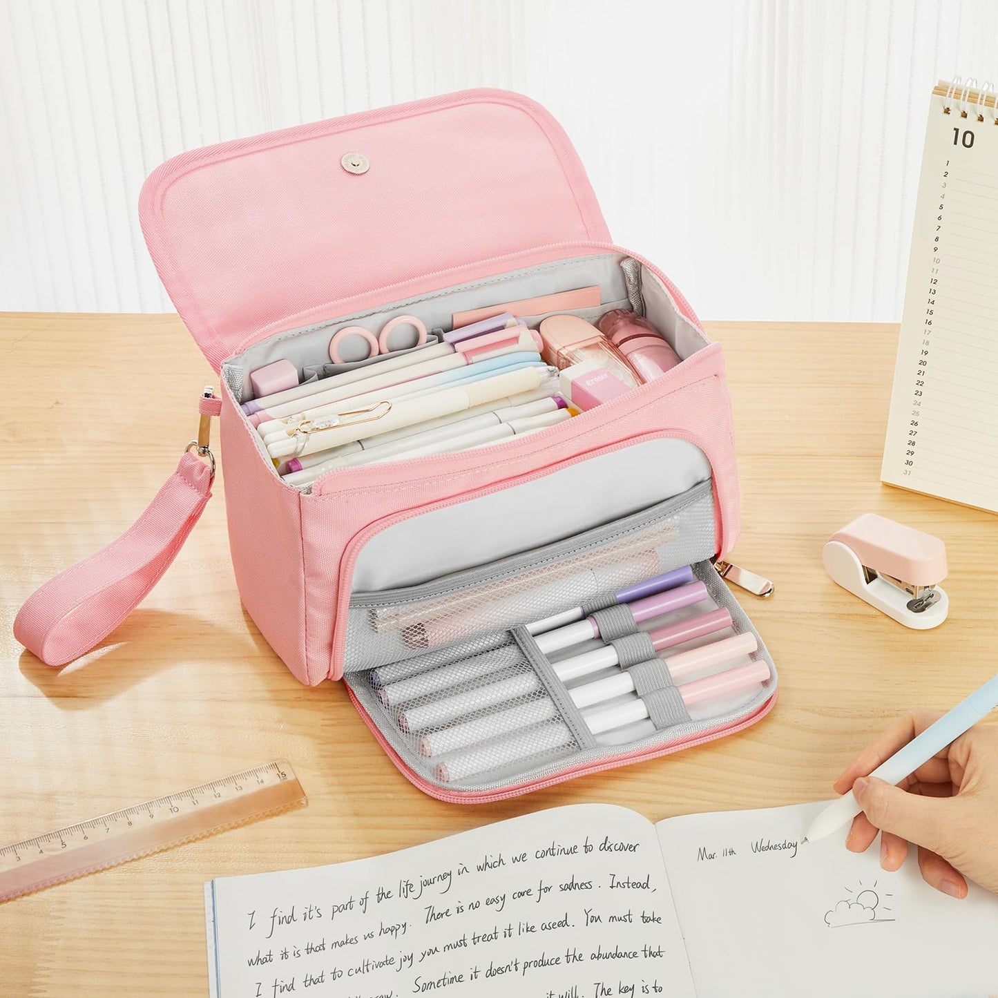 Sooez Super Large Pencil Case, Big Capacity Pencil Bag with 3 Compartments, can hold 100 pencils, Cute Pencil Pouch with Zipper, Portable Stationery Pen Bag, School Supplies For Teen Girl, Sky Blue